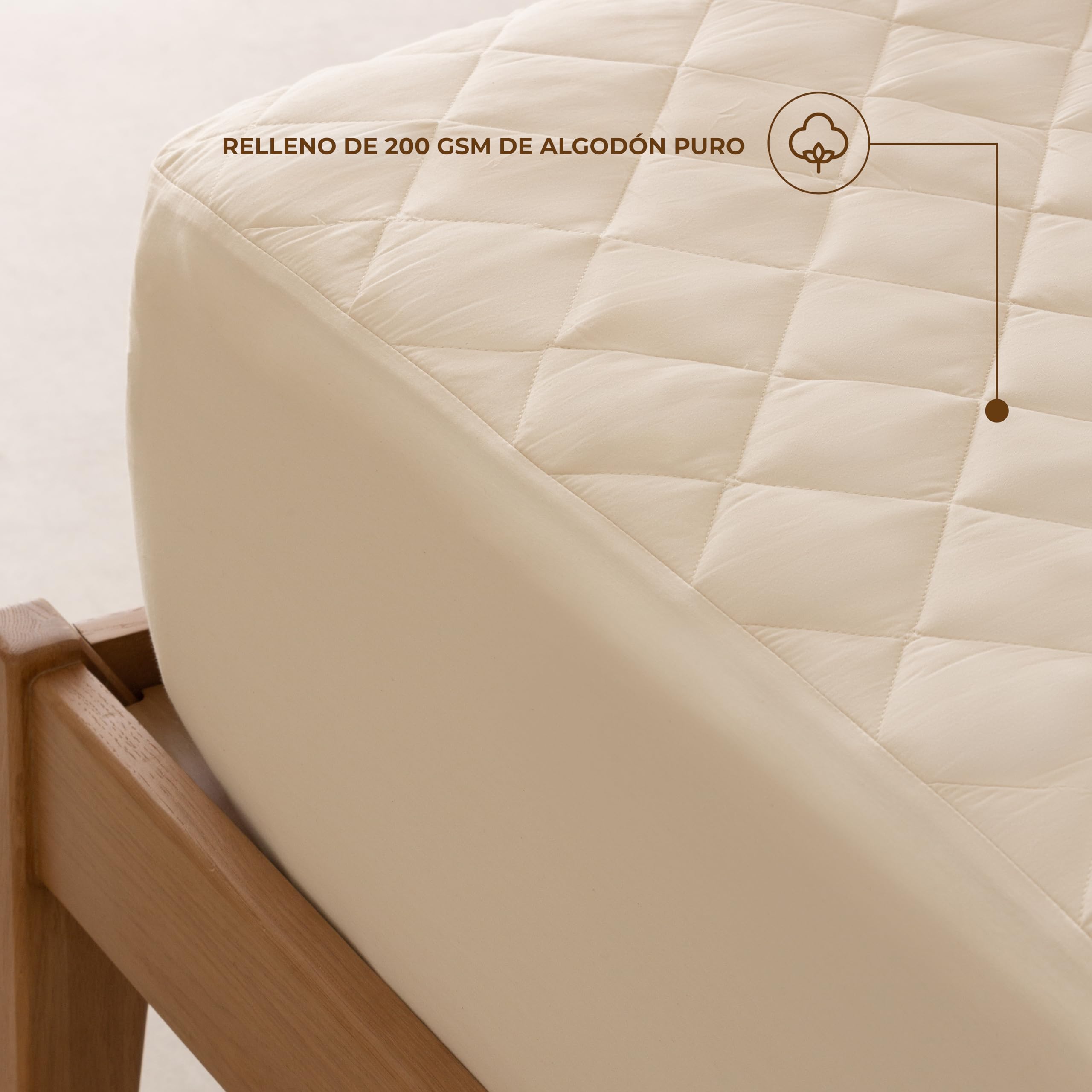 Hönia Protector Colchón, para Cama 150, 100% Algodón Natural, Sateen 300TC | Relleno 200GSM Algodón Puro | Tejido Sin Teñir y Sin Tóxicos | Certificado OEKO-TEX