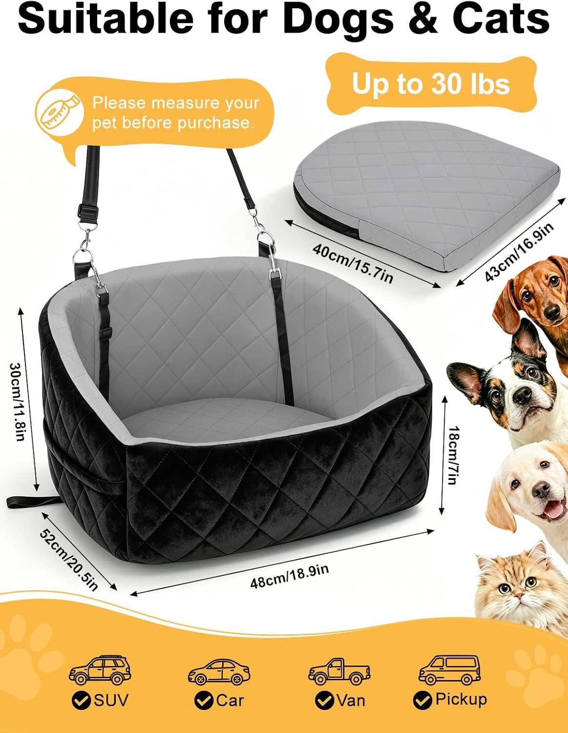 2-in-1 Cat Dog Car Seat for Small Dogs up to 30 lbs Reversible Cool & Warm Pet Travel Bed with Raised Bolster Sides Anti-Slip Base Washable Cover and 2 Safety Tethers image 3