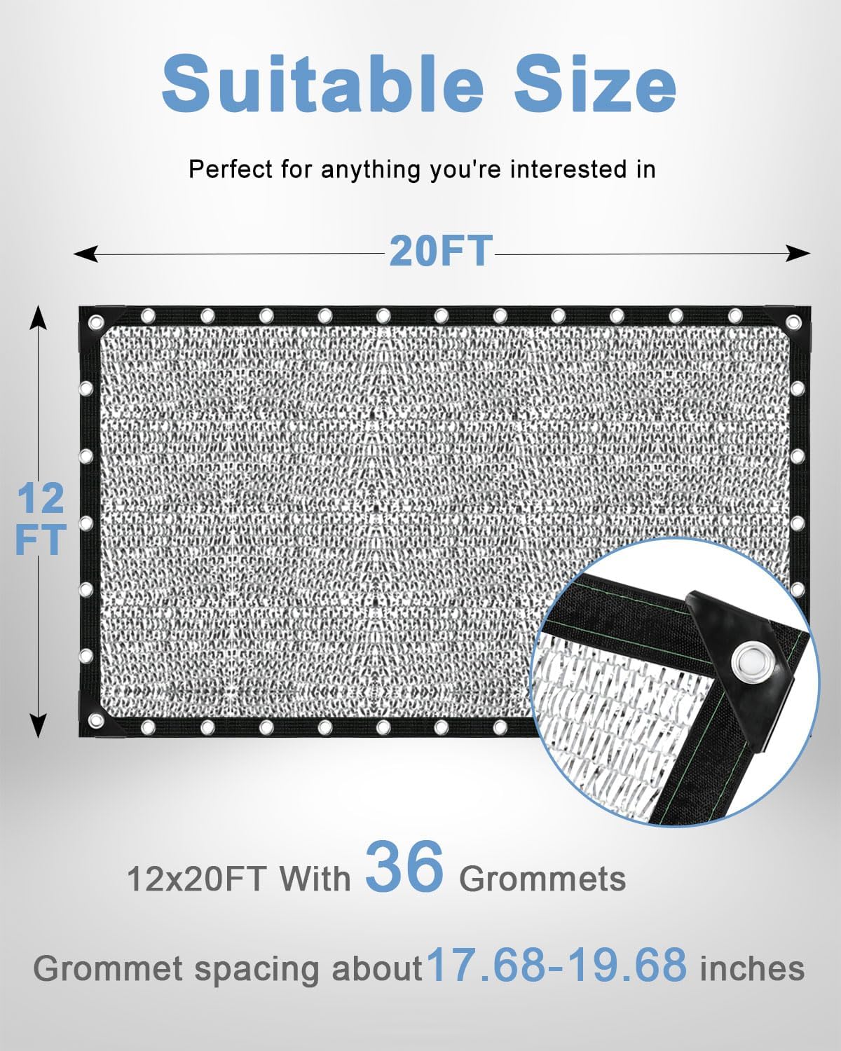 vensovo 50% Aluminum Shade Cloth - Reflective Aluminium Shade Netting Sun Shade Cover with Grommets for Cars, Dogs, Outdoor, RV, Patio (12x20FT)