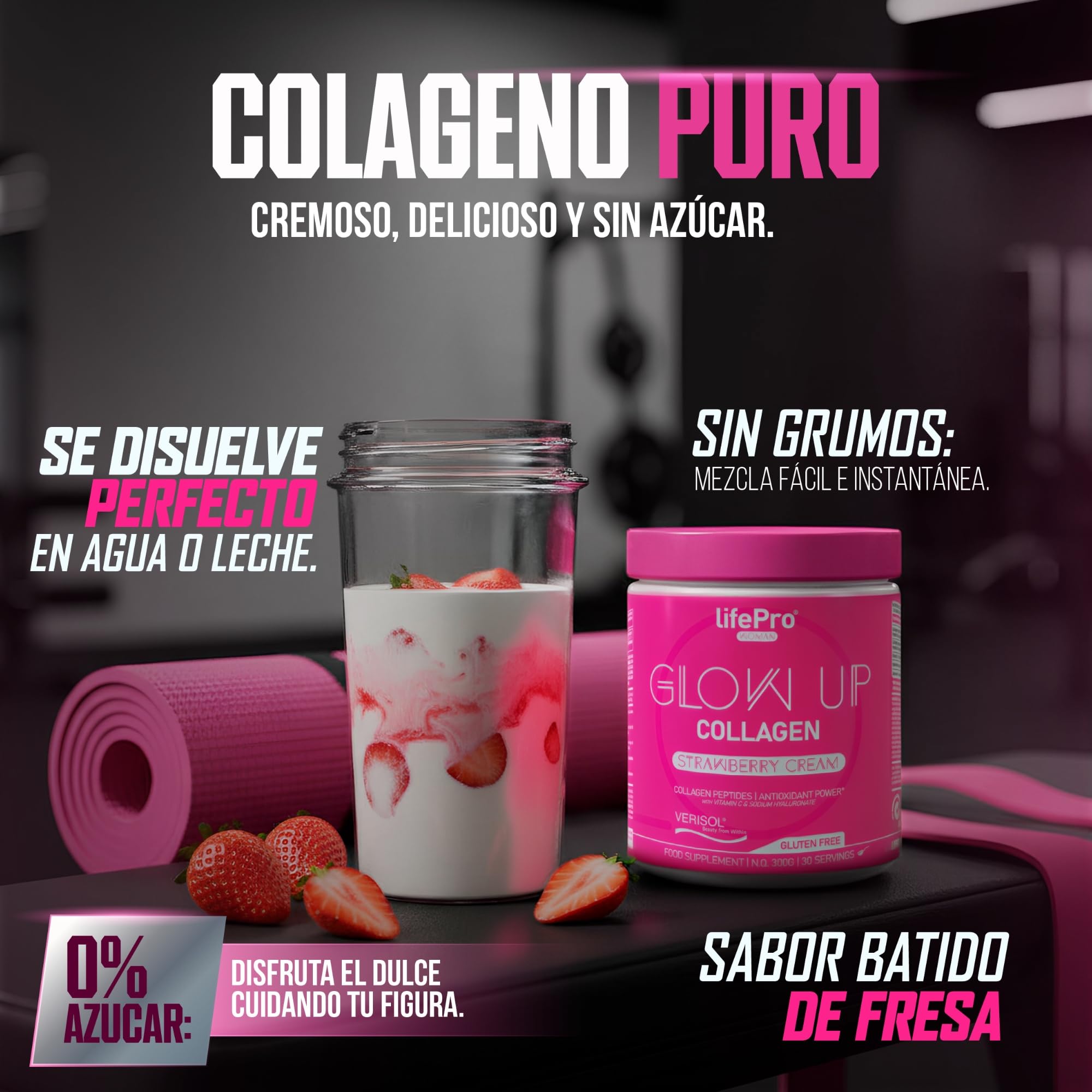 Life Pro Colágeno Hidrolizado Puro Verisol en Polvo con Vitamina C, Ácido Hialurónico y Selenio – Colágeno en Polvo de 300g (30 Dosis) Sin Azúcar, Sabor a Strawberry Cream para Piel, Cabello y Uñas