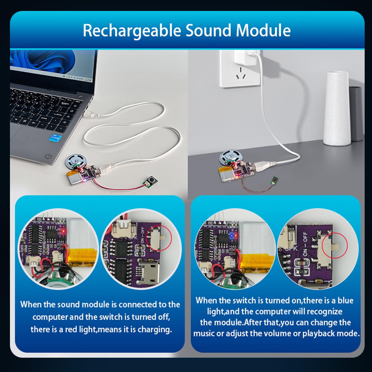 Chips de voz de 16 MB, módulo de sonido activado con botón pulsador, módulo de sonido de música MP3 para manualidades, Navidad, Año Nuevo, tarjetas de felicitación, caja con altavoz cable USB, 2P.