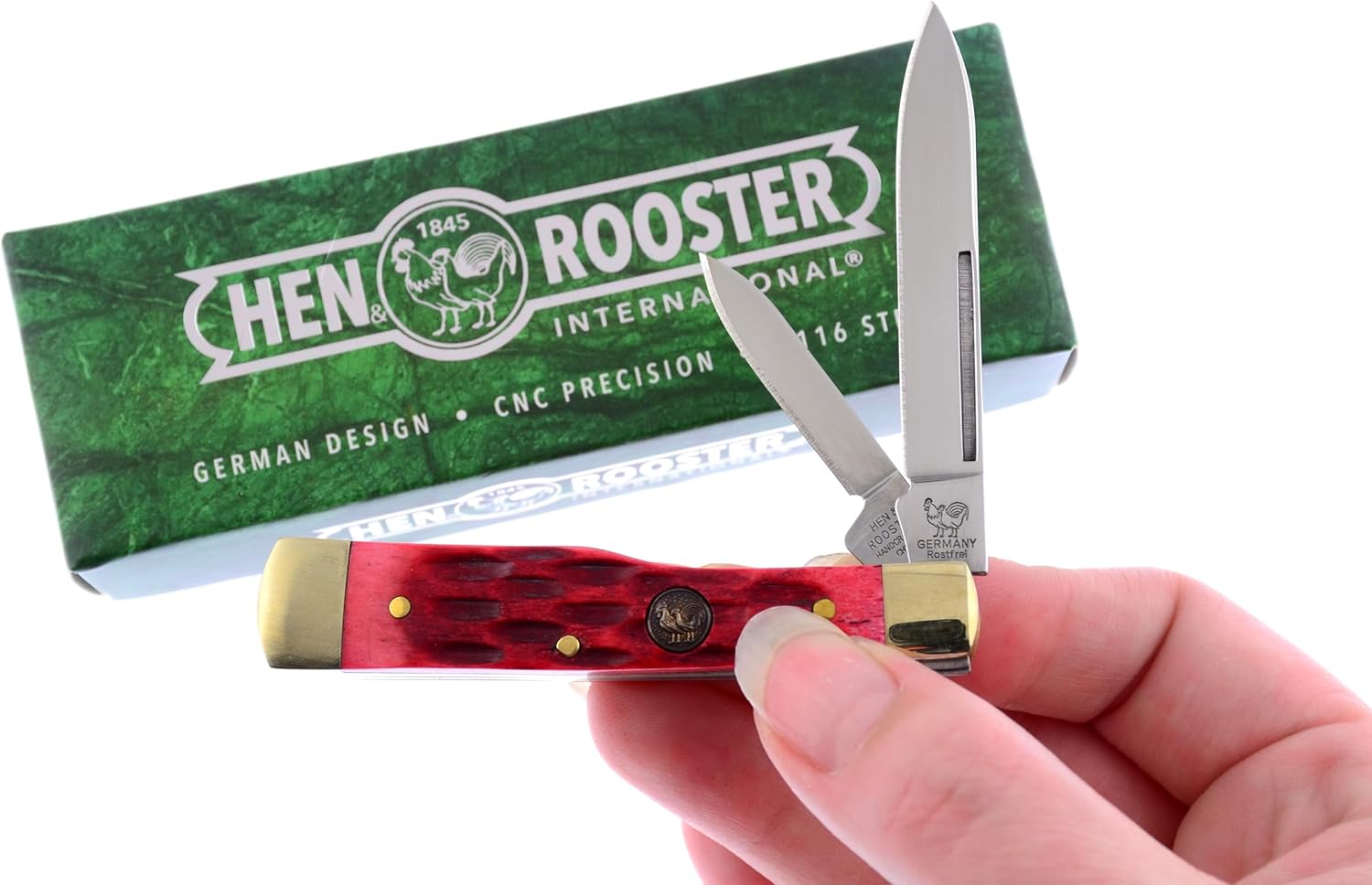 Hen & Rooster International Pocket Knife HRI162-RPB Gunstock Knife with a Red Pick Bone Handle German Stainless Steel Closed 3 Inches