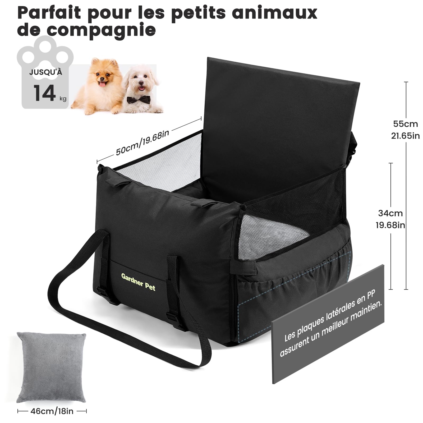 Gardner Pet Siège Auto pour Chien Chat Petite Taille de 14kg, Panier Voiture pour Chien Portable Détachable et Lavable, Siege Auto Chien Voiture Sûr et Confortable avec Poches de Rangement -Gris