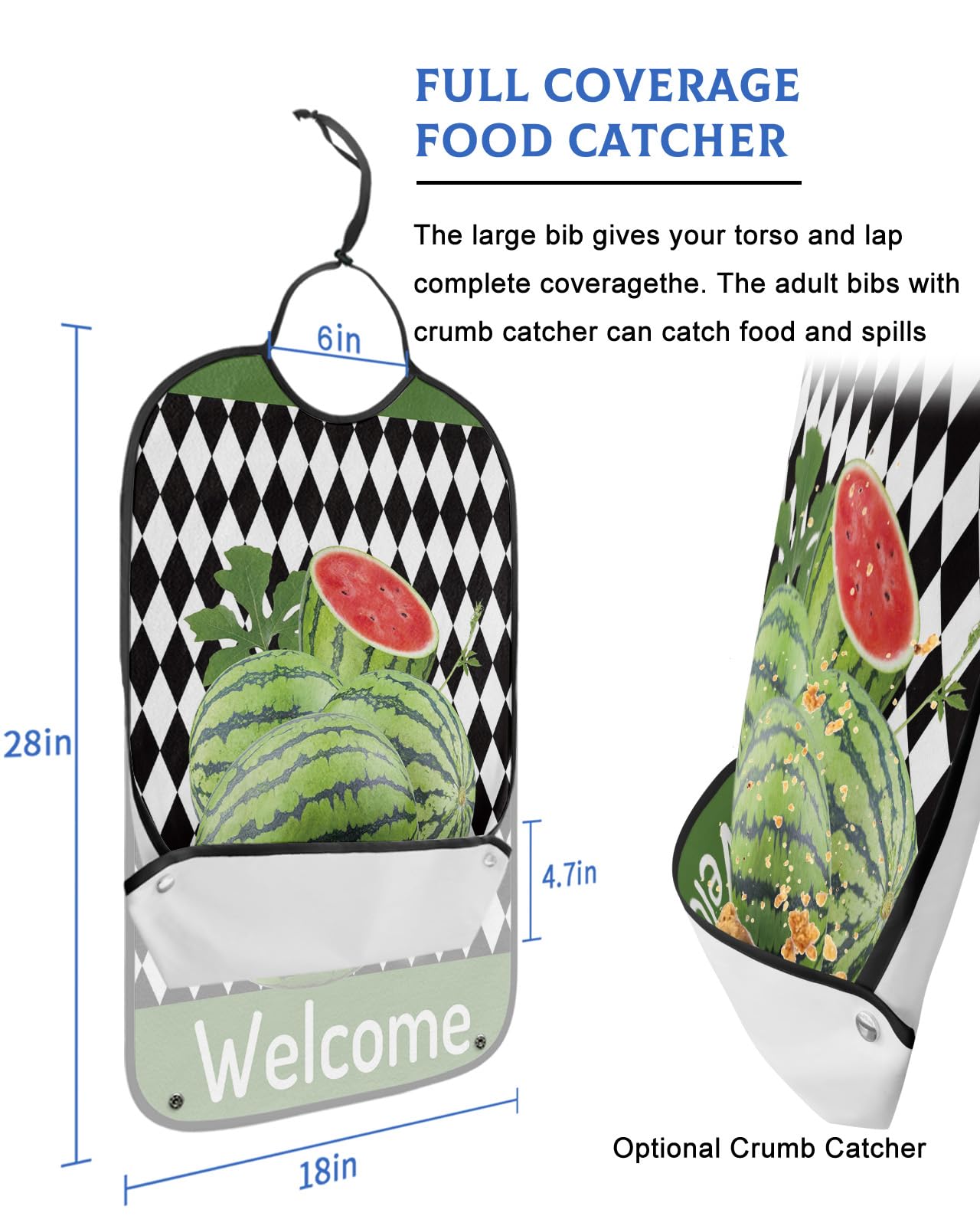 Summer Watermelon Adult Bibs for Eating, Waterproof Bibs with Food Catcher & Adjustable Snap Closure, Black and White Plaid Welcome Washable Clothing Protectors Adult Bibs for Elderly Women/Men