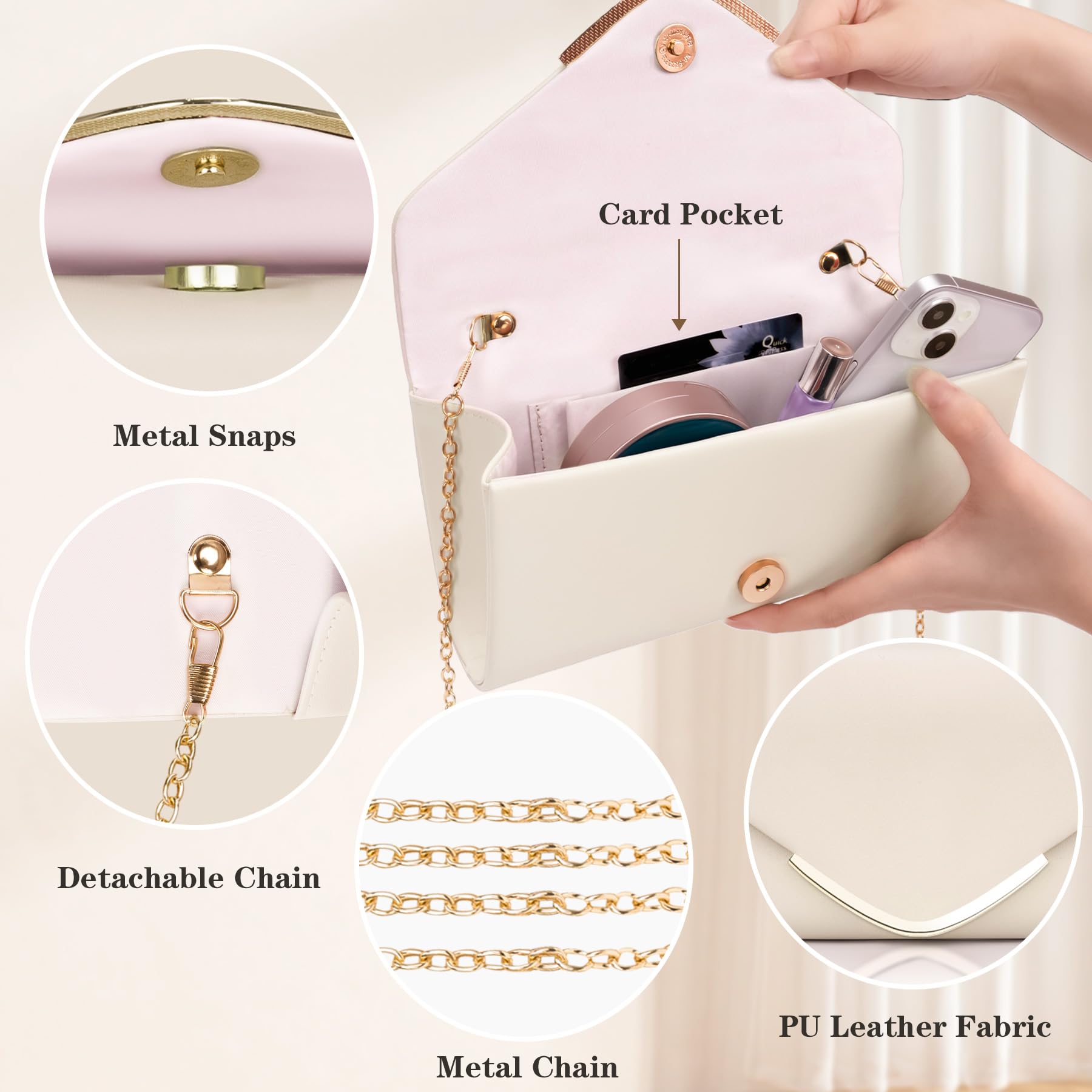 Larcenciel Damen Clutch, Nude Leder Handtaschen mit Kette, Elegant Envelope Abendtasche Mode Crossbody Umschlag Tasche