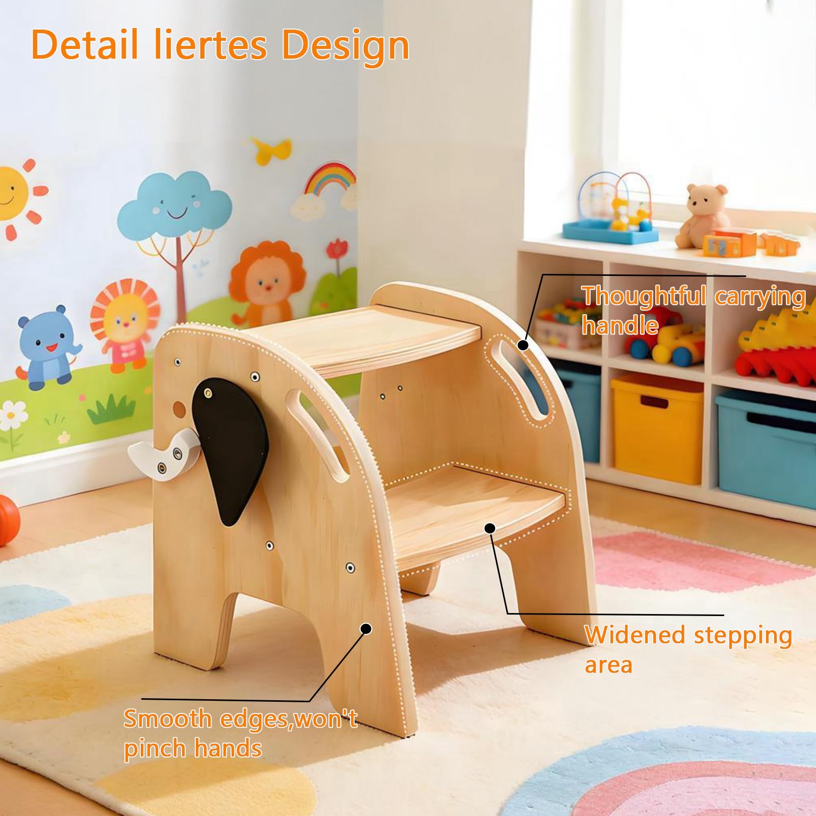 Escabeau pour Enfants, Tabouret à 2 marches en Bois pour Enfants, supportant jusqu'à 80 kg, avec Repose-Pieds antidérapant pour Salle de Bain, Cuisine, Chambre d'enfant, Toilettes