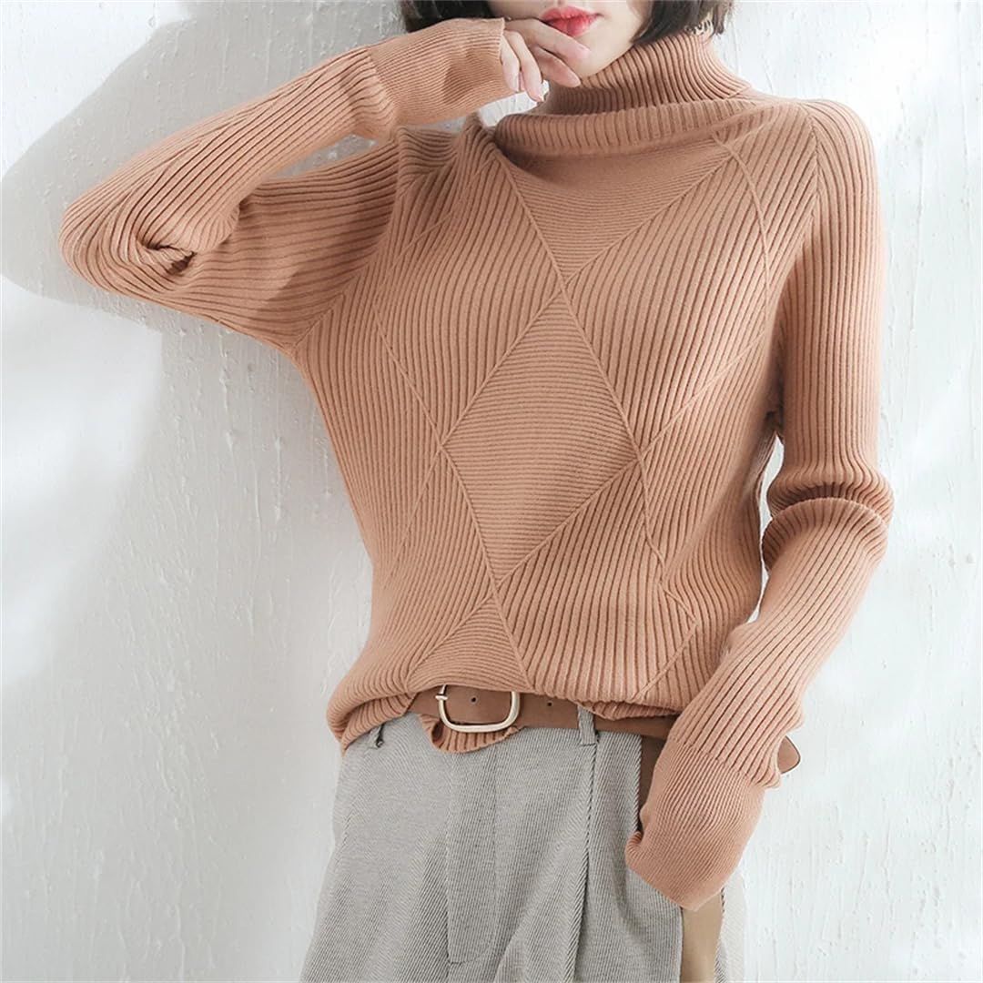 Maglione da donna a collo alto lavorato a maglia, tinta unita, casual, a maniche lunghe
