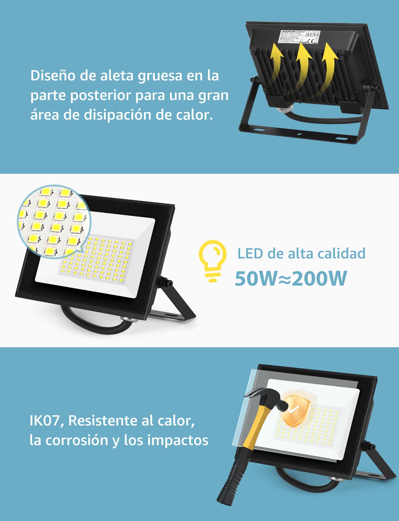 Aigostar Reflektory LED 50W 4500LM, wodoodporne, IP65, 6500K, zimna biel, do garażu, ogrodu, na patio i do parku, 2 pcs