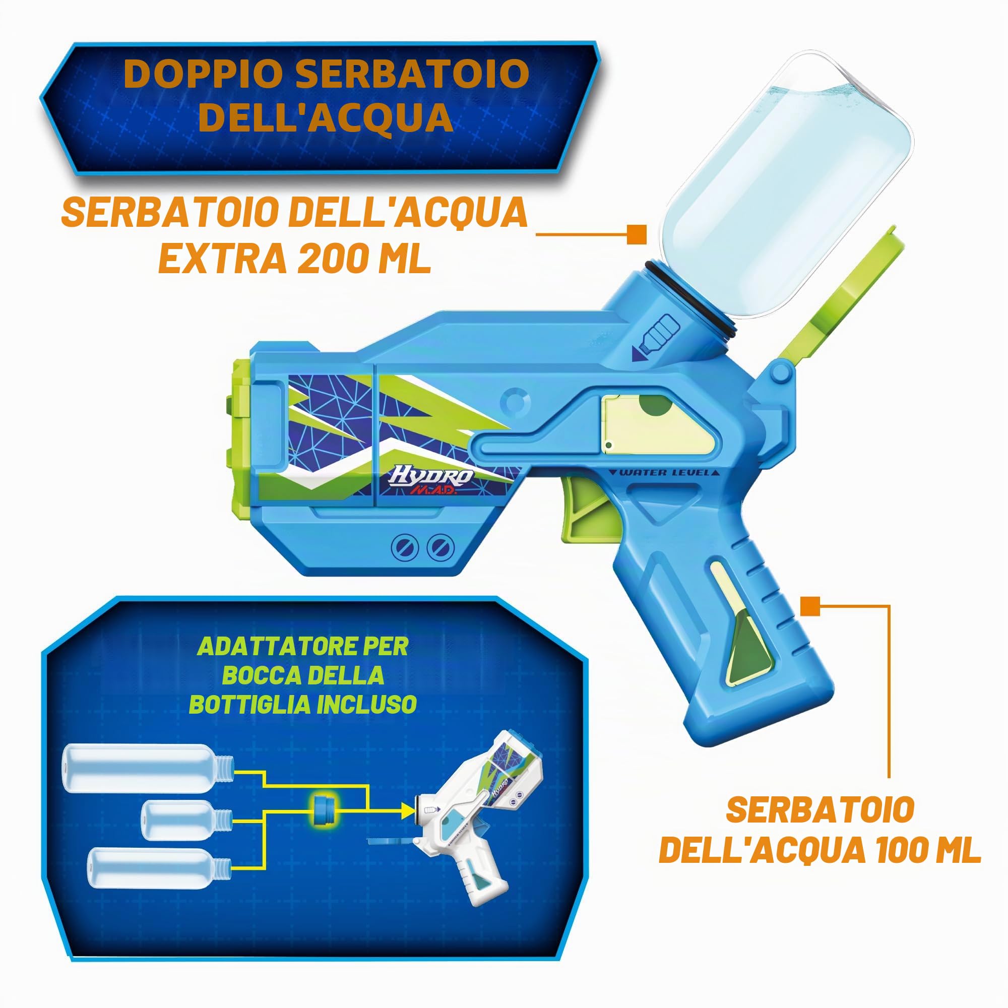 Bizak Hydro M.A.D. Mini Blaster Pack Doppio, Pistole ad acqua elettroniche in blu e bianco, portata fino a 5 m, giocattolo per gioco all'aperto, bambini e ragazze +8 anni, (62001154)