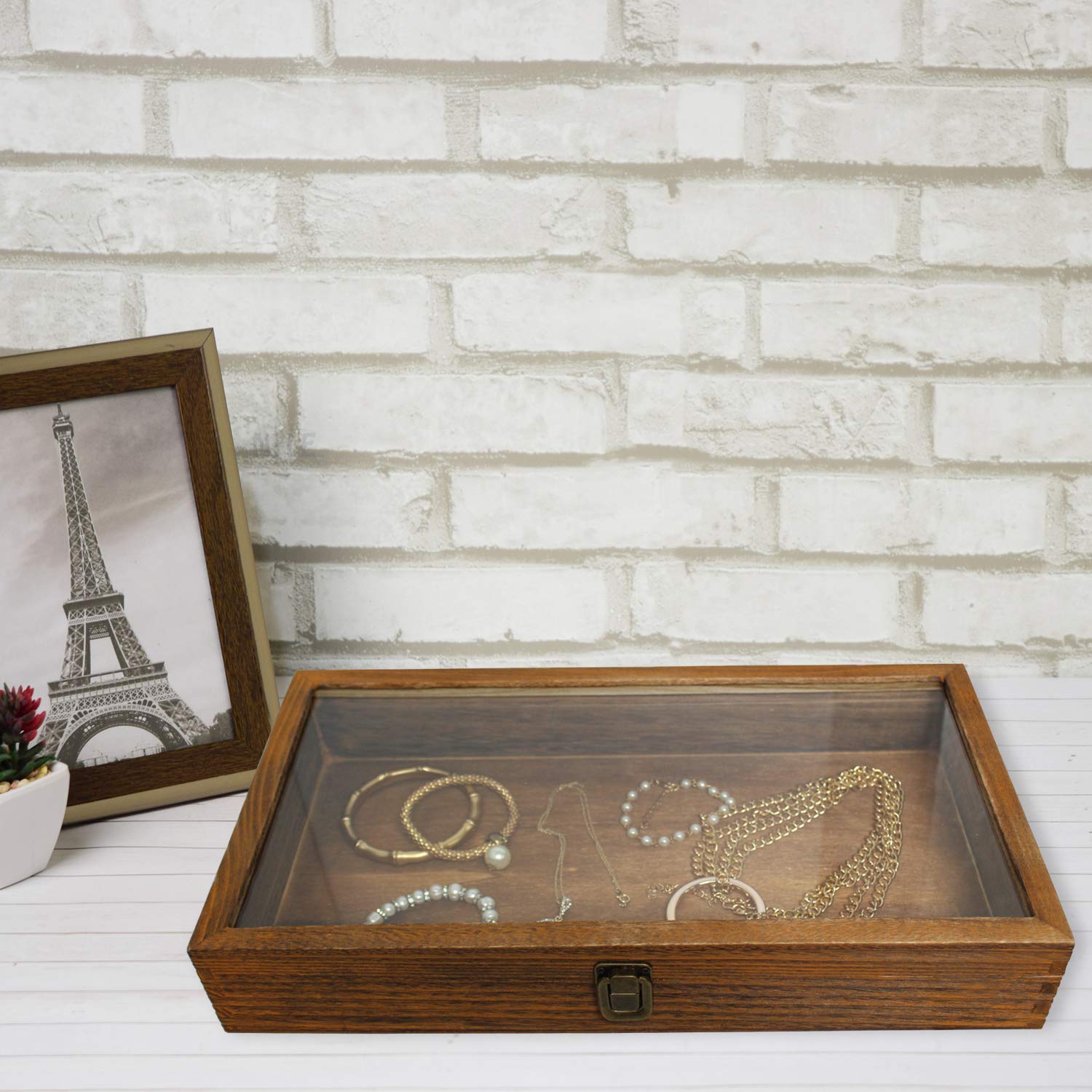 Mooca - Caja de exhibición de joyería de Madera Lavada con Tapa Superior de Vidrio Templado, 15 Pulgadas x 8.5 Pulgadas x 2 7/8 Pulgadas de Alto