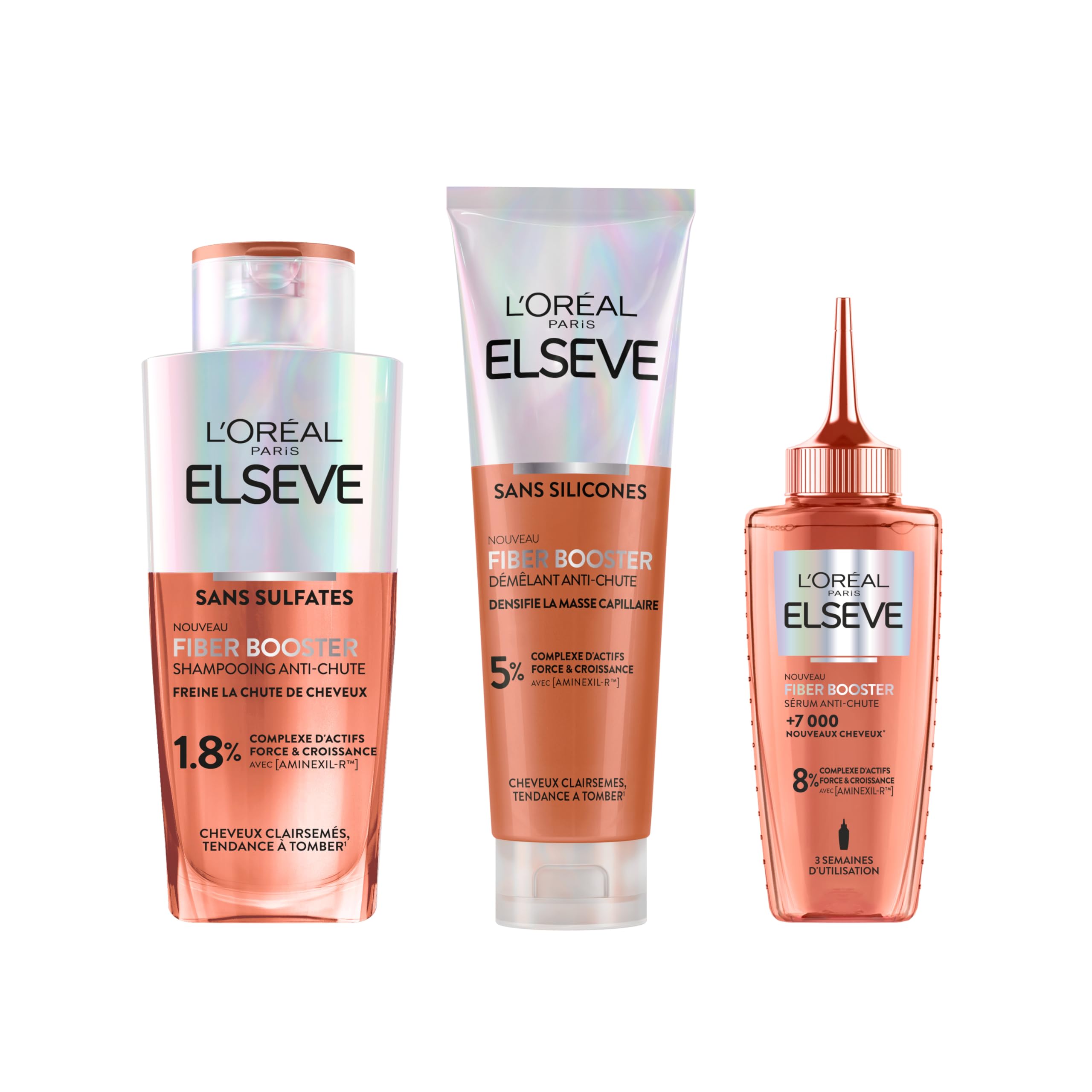 L'Oréal Paris Elvive Kit Anti-Chute Growth Booster Cheveux Abîmés Elseve Fiber Booster Shampoing 200ml + Après-Shampoing 150ml + Sérum 102ml avec Aminexil-R Niacinamide - Lot de 3
