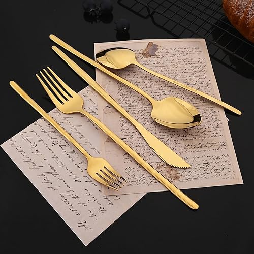 Miniatura 54 de JASHII Juego de cubiertos delgados de 20 piezas, acero inoxidable 18/10 con chapado en oro de titanio, juego de cubiertos de mango blanco, incluye