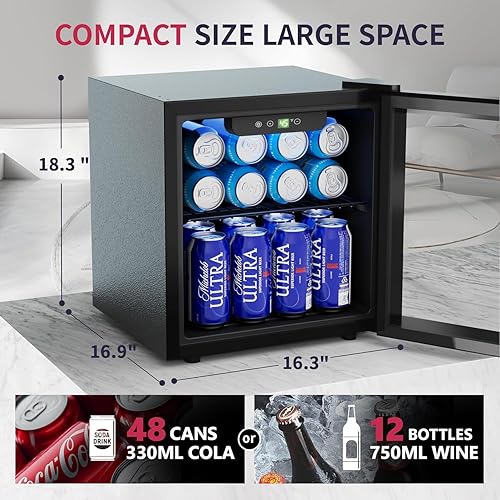 Miniatura 2 de Refrigerador de bebidas para 48 latas, mini puerta de vidrio con estantes ajustables, refrigerador independiente con LED azul para el hogar,