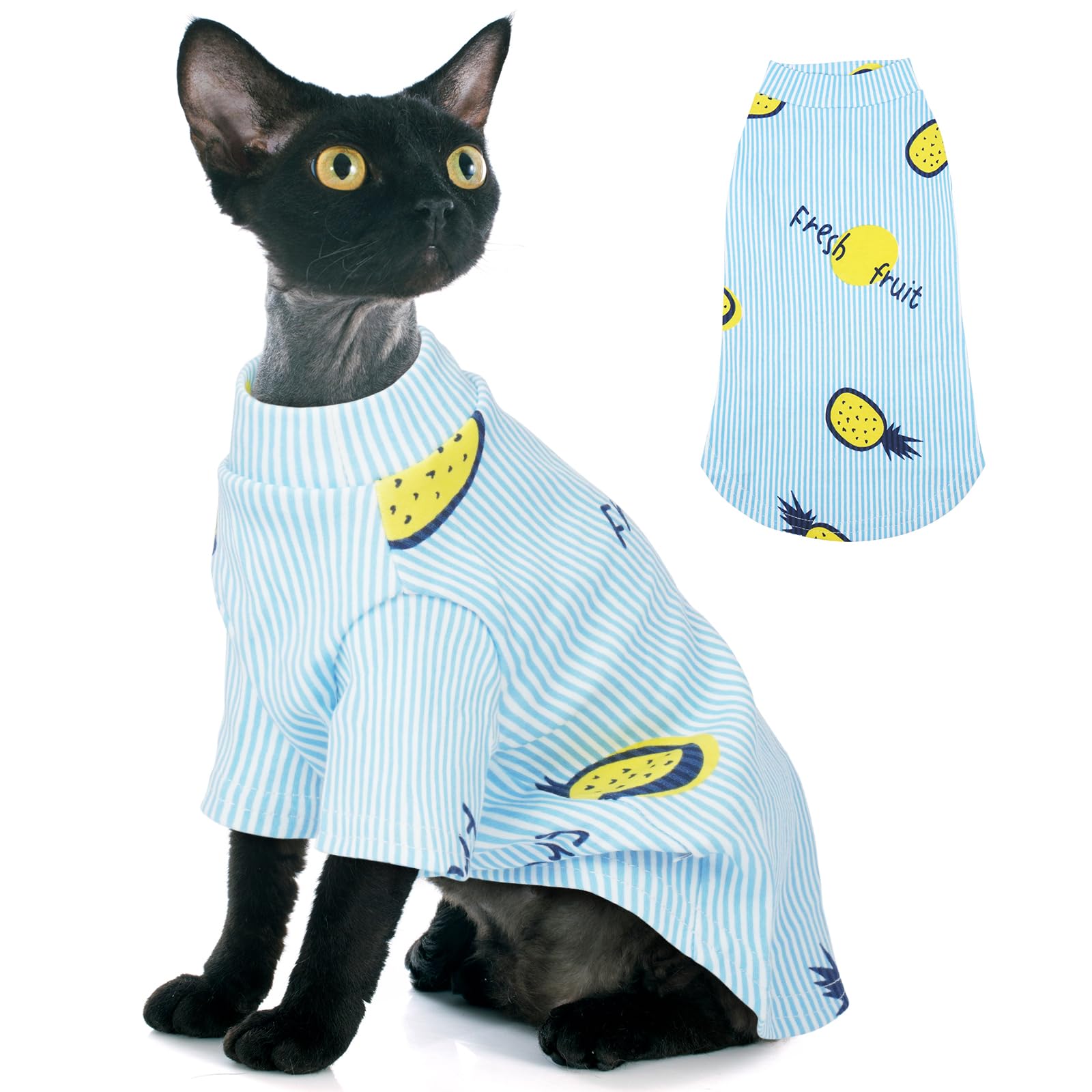 T'CHAQUE Sphynx Cat Clothes, Stretchy Hairless Kitten Shirt, Soft Pullover Sweater with Pineapple Print, Cute Pajamas for Cornish Rex & Devon Rex, Blue Stripes Breathable Outfit, S