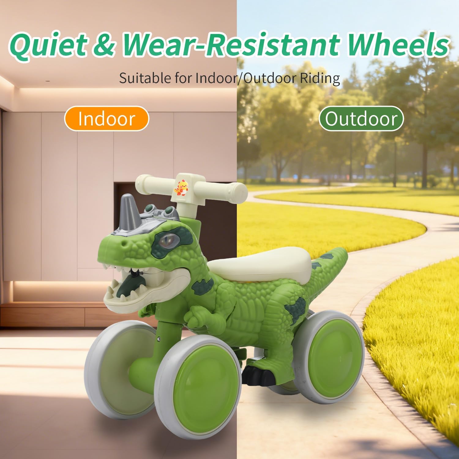 Dinosaur Balance Bike for 1-3 Year Olds, 4-Wheel No-Pedal Bike for Walker, Ride on Toys for Toddlers with Music and Mist Spray, First Birthday Gift for Boys & Girls (Green)