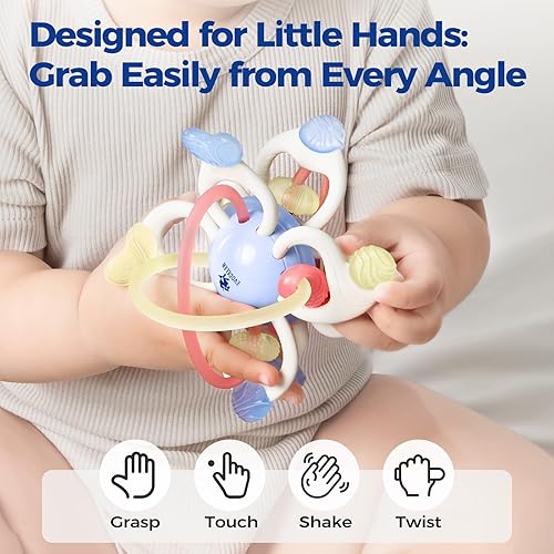 Miniatura 4 de Evoceler Juguete para bebé, juguete sensorial Montessori para 0-6, 6-12 meses, giratorio 10 texturas de silicona suave juguete de dentición con caja