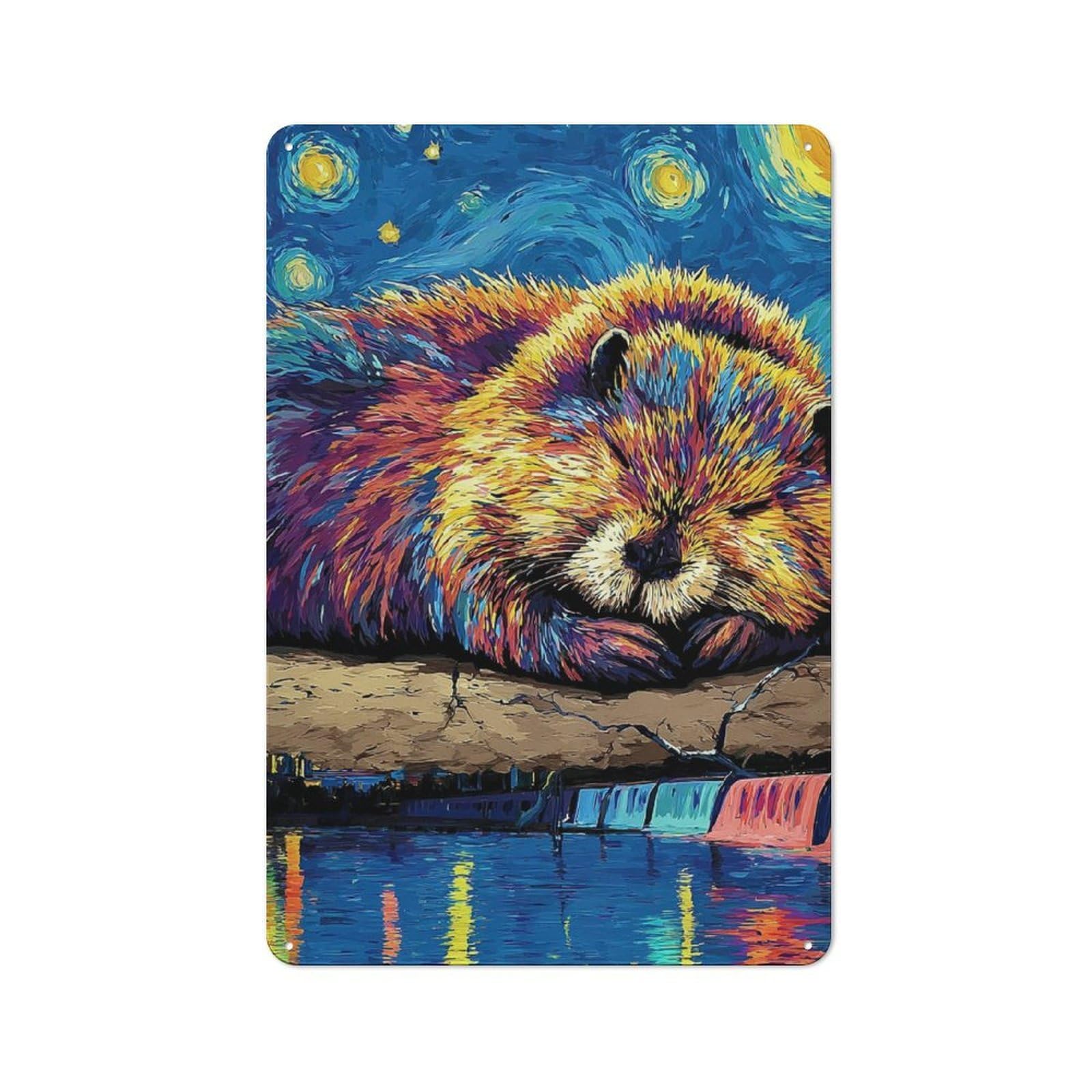 Junmoney Beaver In Starry Night Shop Front Style Decorative Metal Plaque 30X20cm, Shop Wall Decor For Cafe, Bistro, Bakery Or Restaurant
