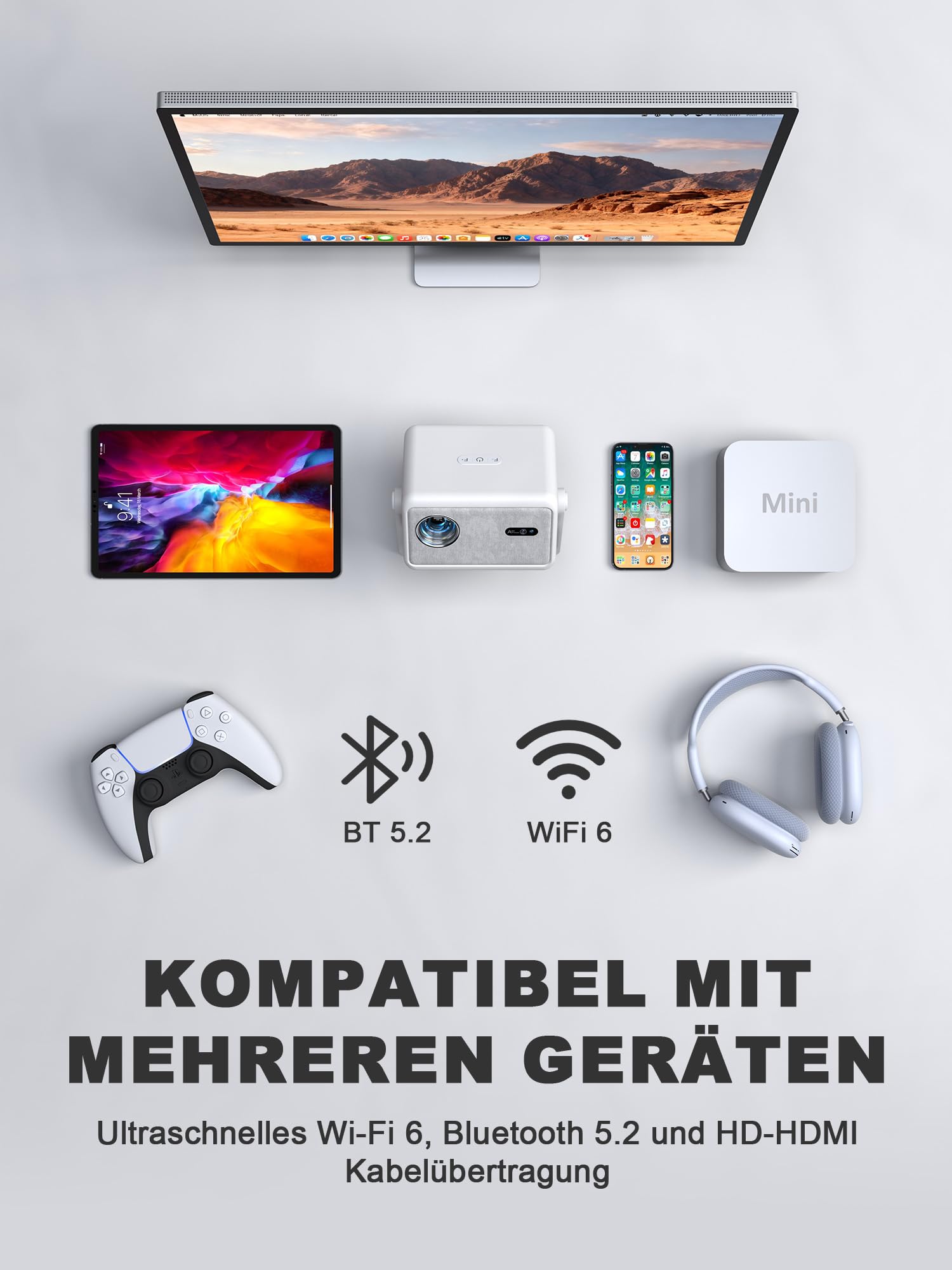 Smart Mini Beamer 4k [Offiziell Lizenzierter APP ] VISSPL 3000ANSI 4K Heimkino & Outdoor Beamer, Autofokus/Trapezkorrektur, WiFi6 Bluetooth Full HD 1080P Video Projektor für Handy/PC