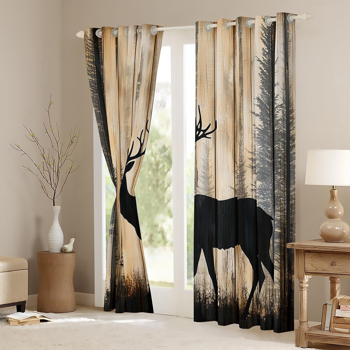 Loussiesd Graziose tende da 175 x 140 cm, motivo: cervo, per la caccia di cervi, in legno, con corna di cereali, rustiche, tende oscuranti