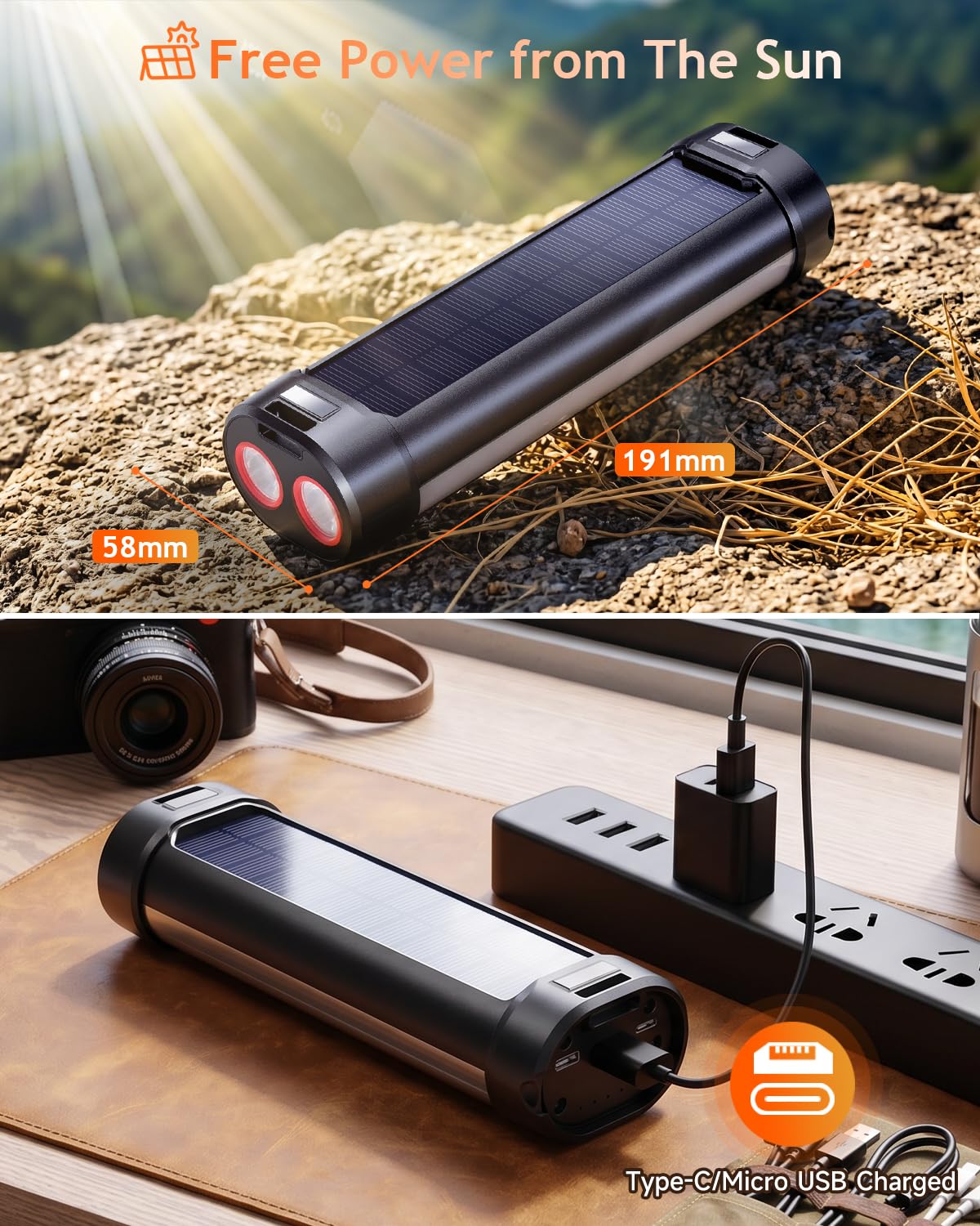 Linterna solar de camping de 1800 lm y luz magnética para tienda de campaña con 6000 mAh, tiempo de funcionamiento de 60 horas, linterna de 13 modos, equipo de supervivencia de emergencia impermeable