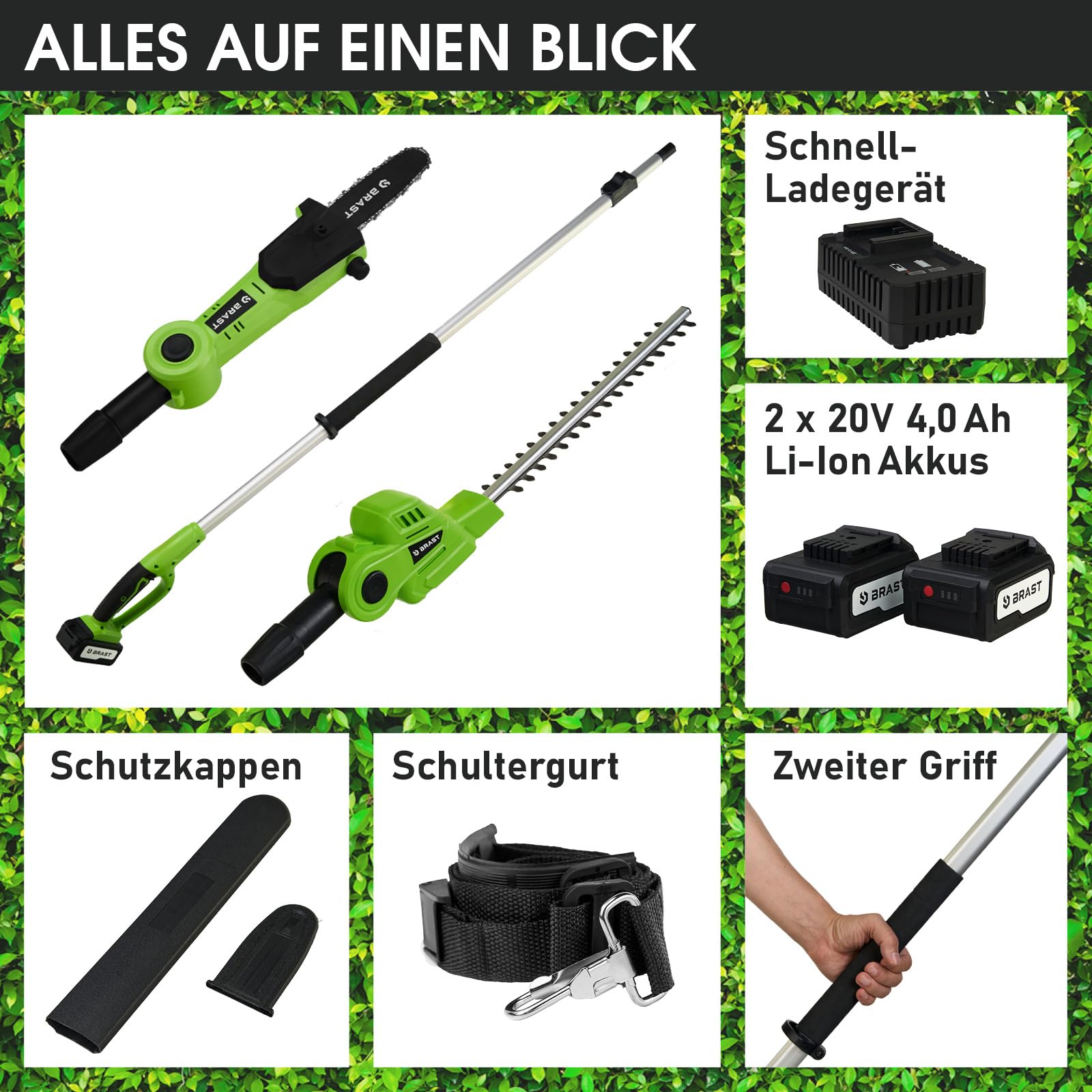 BRAST® Teleskop-Heckenschere und Hochentaster | 2in1 Funktion | 2X 20V 4Ah Akkus + Ladestandsanzeige | stufenlos verstellbar | inkl. Schnellladegerät, gummierter Griff + Schultergurt