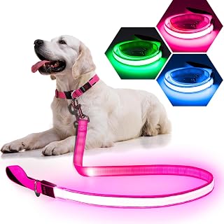 PZRLit LED Light Up Dog Leash - 4 Ft USB Rechargeable Reflective Nylon Leash with Padded Handle - Flashing Luminous Glow Leashes for Large Medium Pets Night Safety Walking-Pink