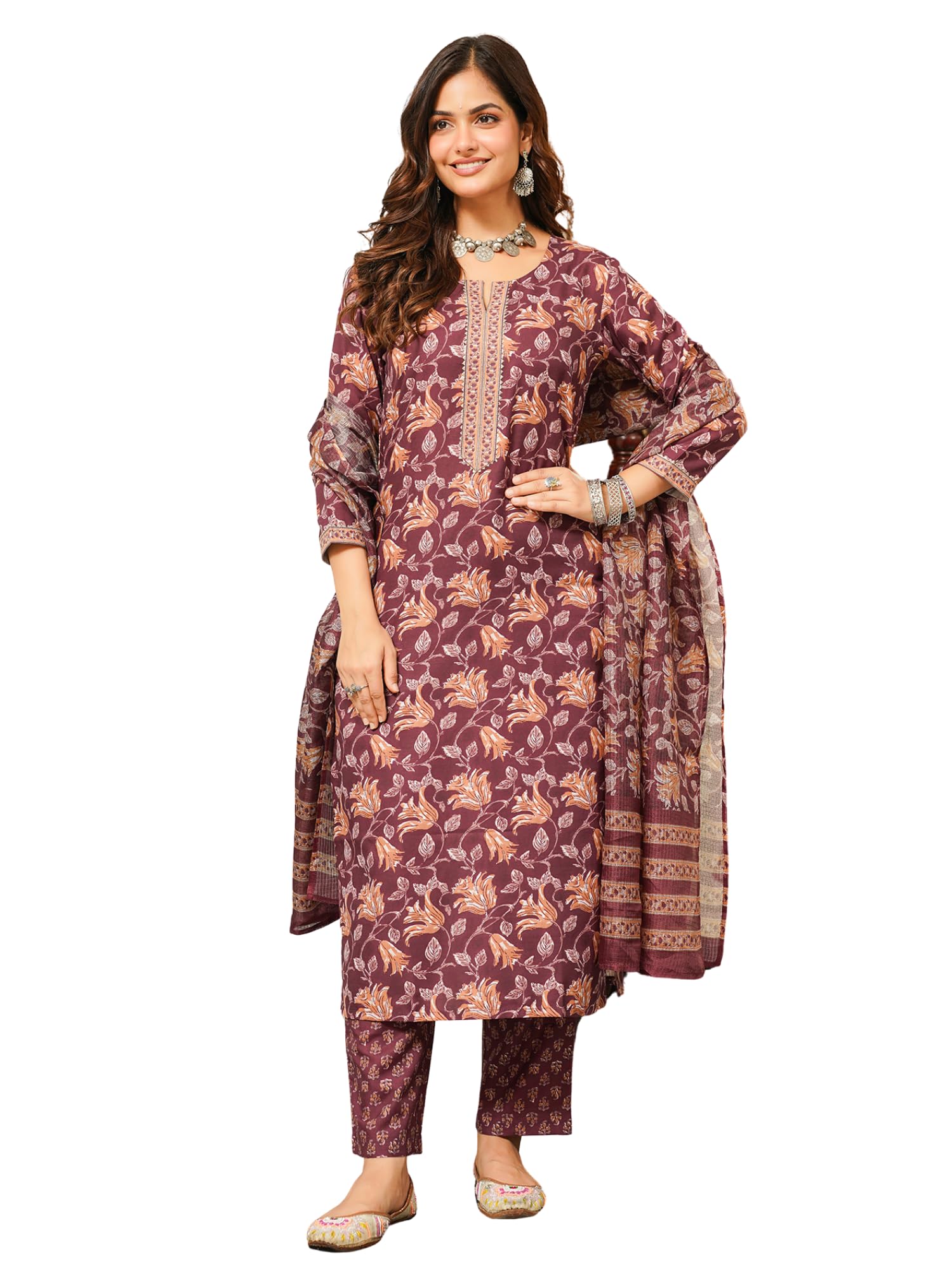 vaamsi Women's Brown Rayon Blend Printed Straight Floral Kurta Trousers With Dupatta Set | Daily Straight Kurta Set For Women | Floral Salwar Suit For Women-picture-38