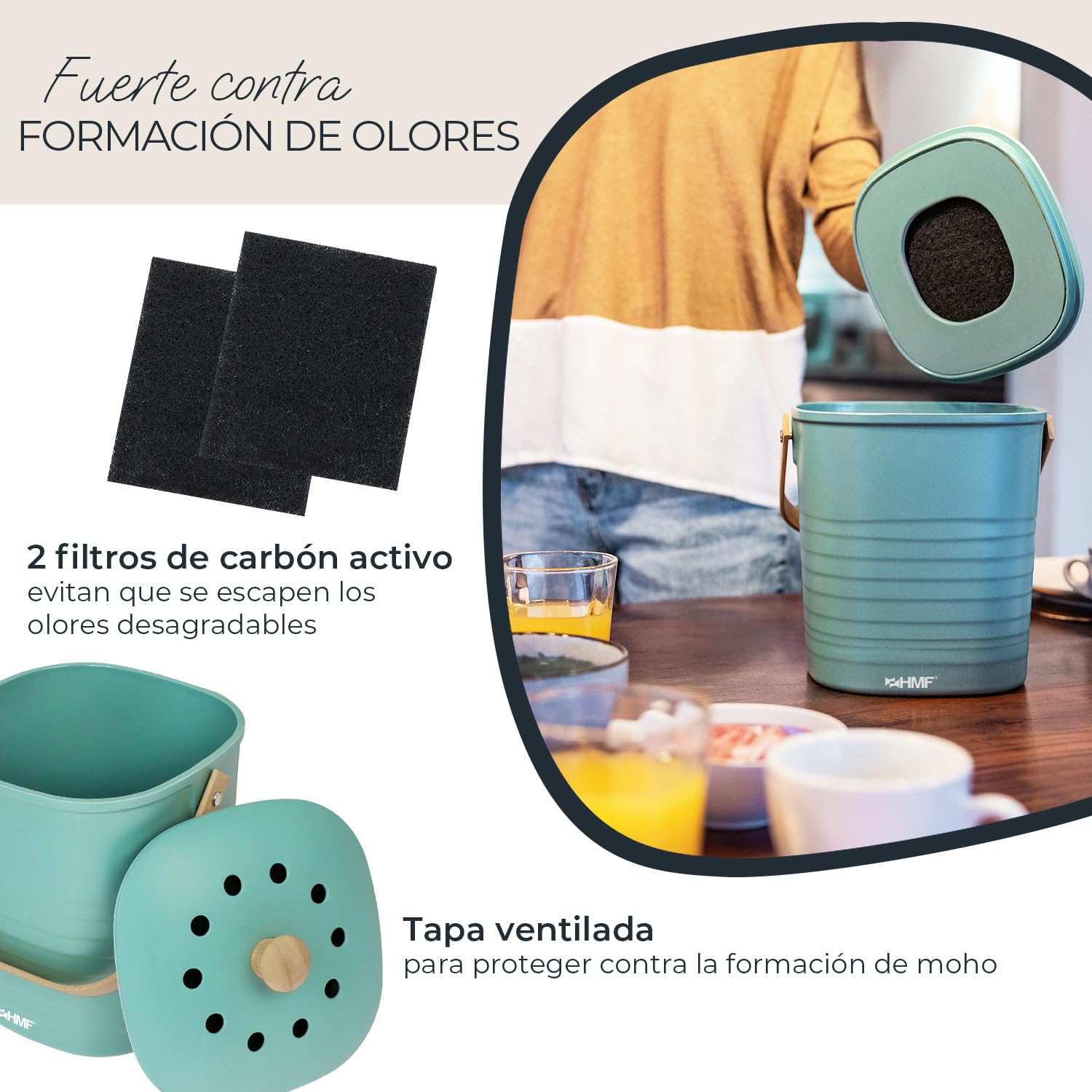 HMF Cubo de basura orgánico sostenible para cocina, a prueba de olores, con tapa, 3 litros, verde (3780-3L-06)