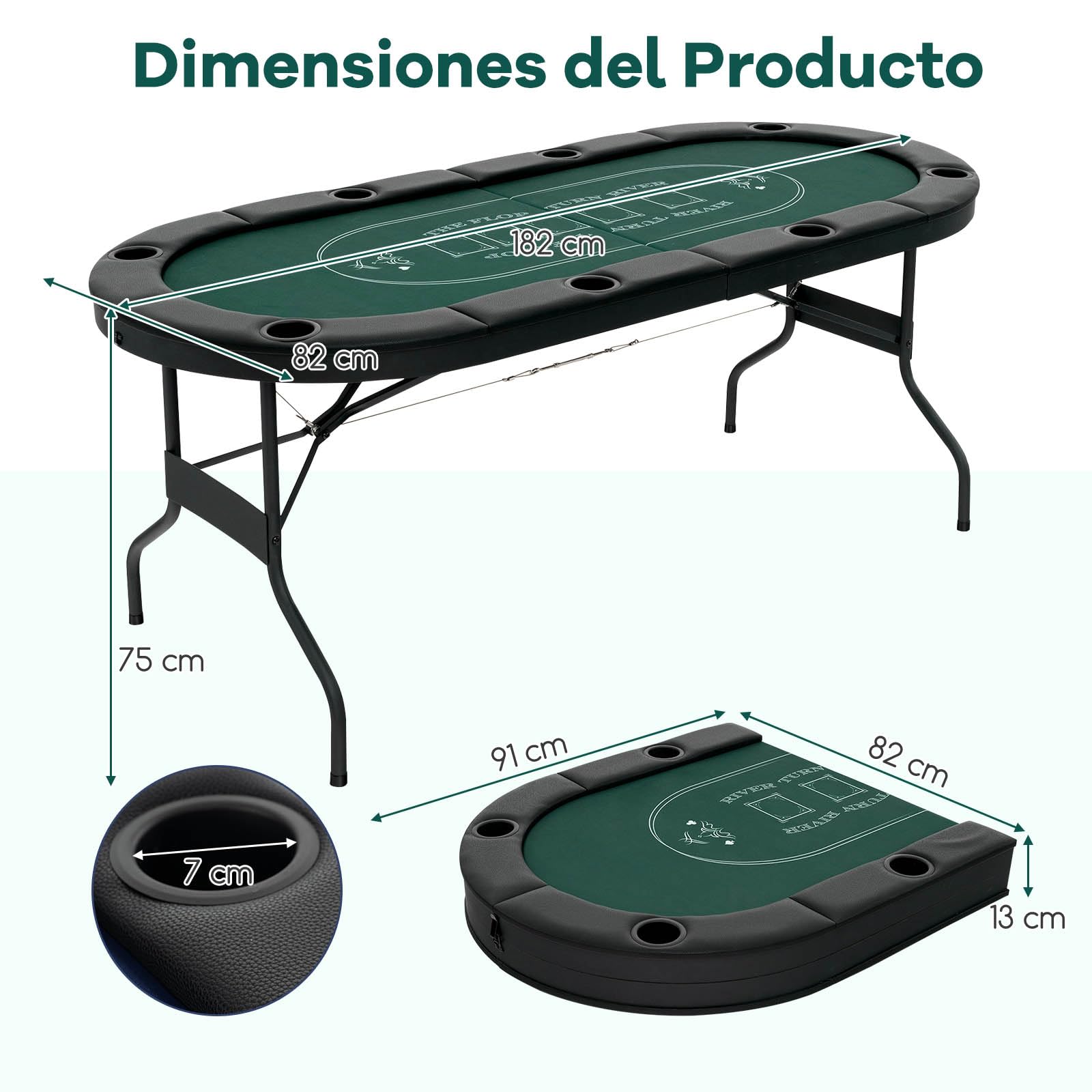 GOPLUS Mesa de Póker para 8 Jugadores, Juego de Cartas Plegable de 182 cm con 8 Portavasos de Metal, Barandas Acolchadas, Blackjack Texas Hold'em para Casa, Fiestas (Verde)