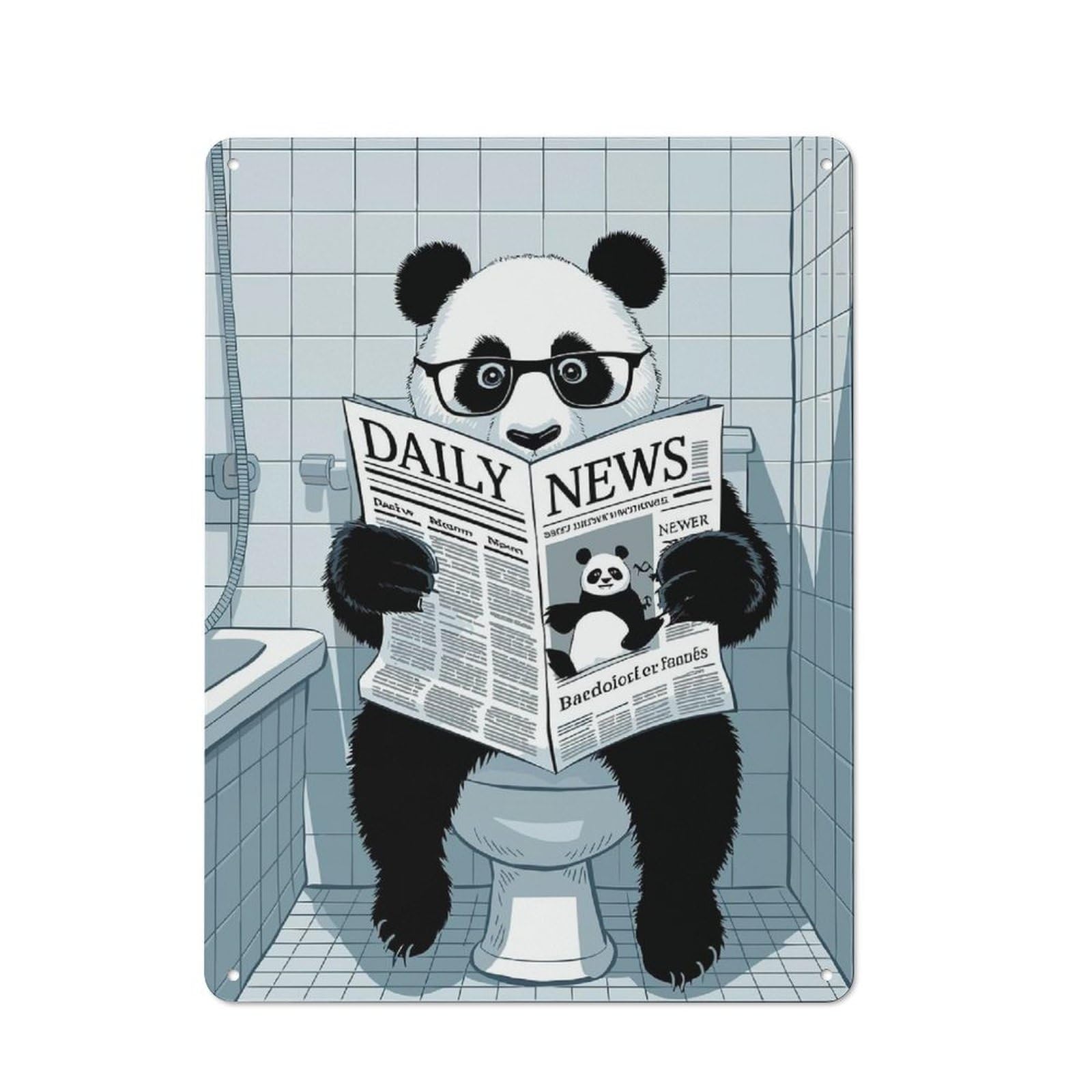 Panda Reading Newspaper on Toilet Metal Sign 40x30cm, Retro Bar Wall Plaque for Bar, Kitchen, Garage Or Games Room, for Casual British Interiors