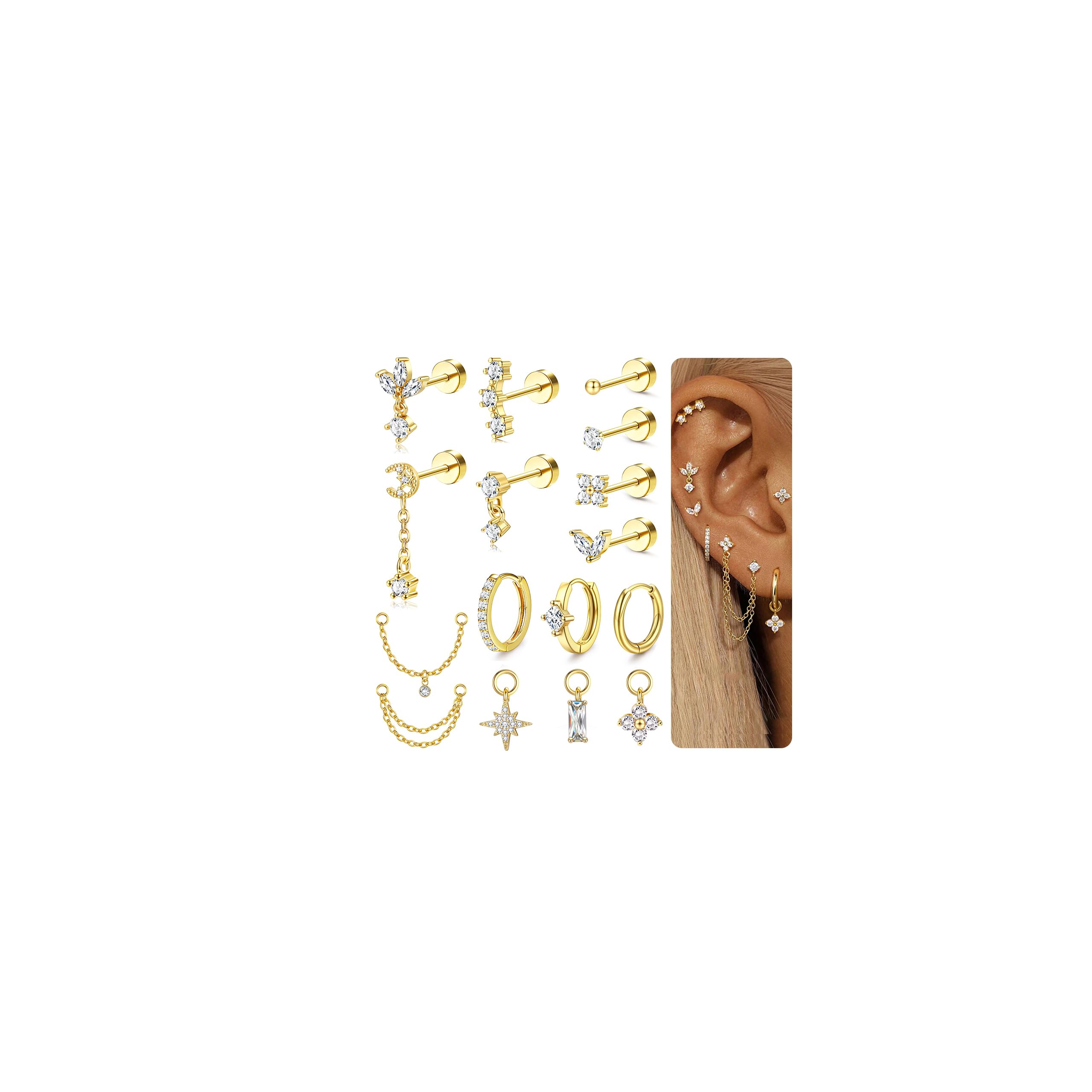 MILACOLATO 16Pcs Piercing Orecchio Acciaio Chirurgico Helix Piercing Orecchio Anallergici Donna Oro Argento Piccoli Cerchio Conch Cartilagine Trago Piercings Gioielli 20G