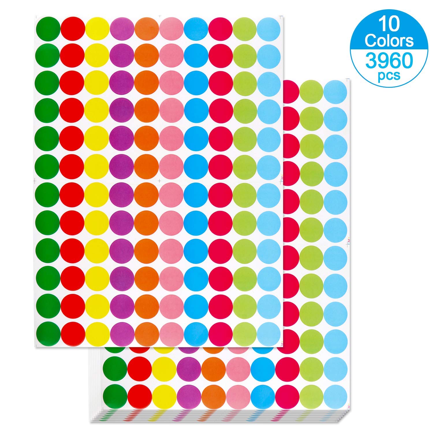 OUNENO Pack of 3960 3/4” Round Color Coding Circle Dot Sticker Labels, 10 Bright Neon Colors, 8 1/2" x 11" Sheet, Fits Laser/Inkjet Printers
