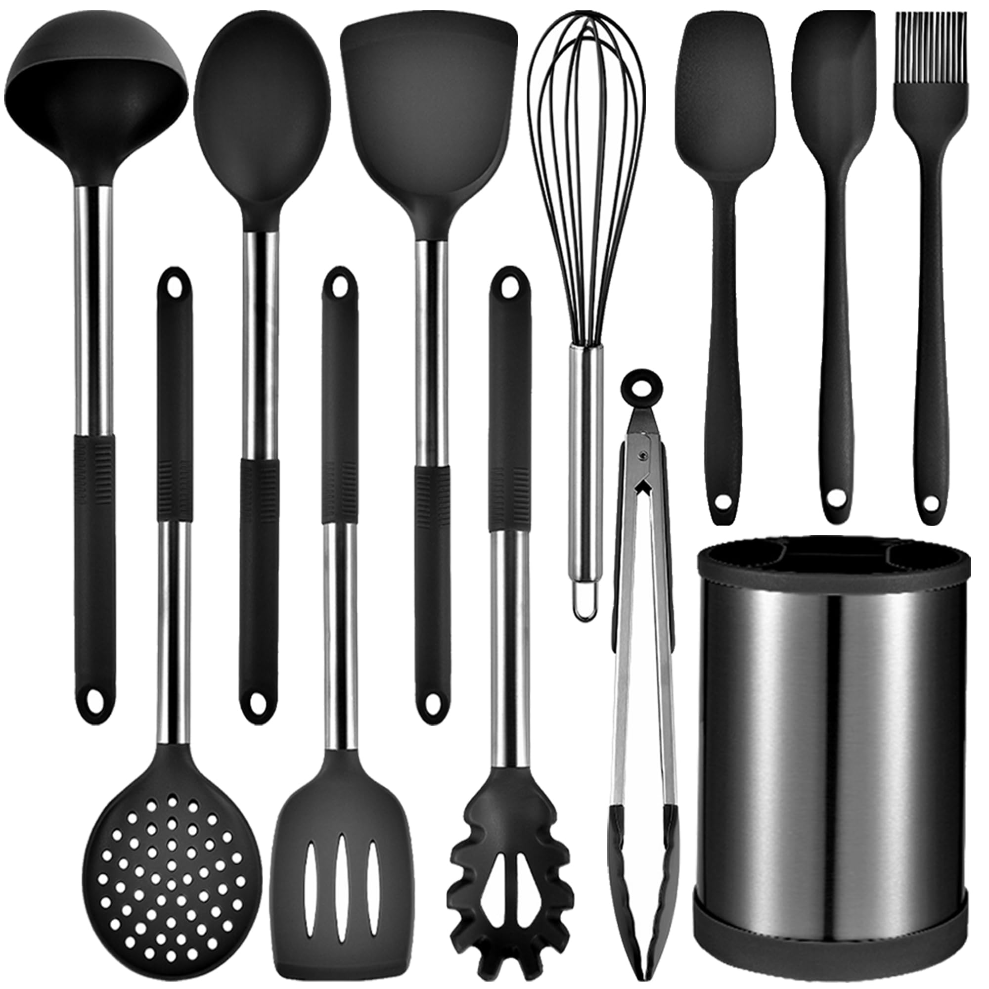 Kitchen Cooking Utensils Set, 12-piece Non-stick Kitchen Silicone Utensils Set Heat-resistant Stainless Steel Handle,BPA-Free, Kitchen Tool Set (Black)