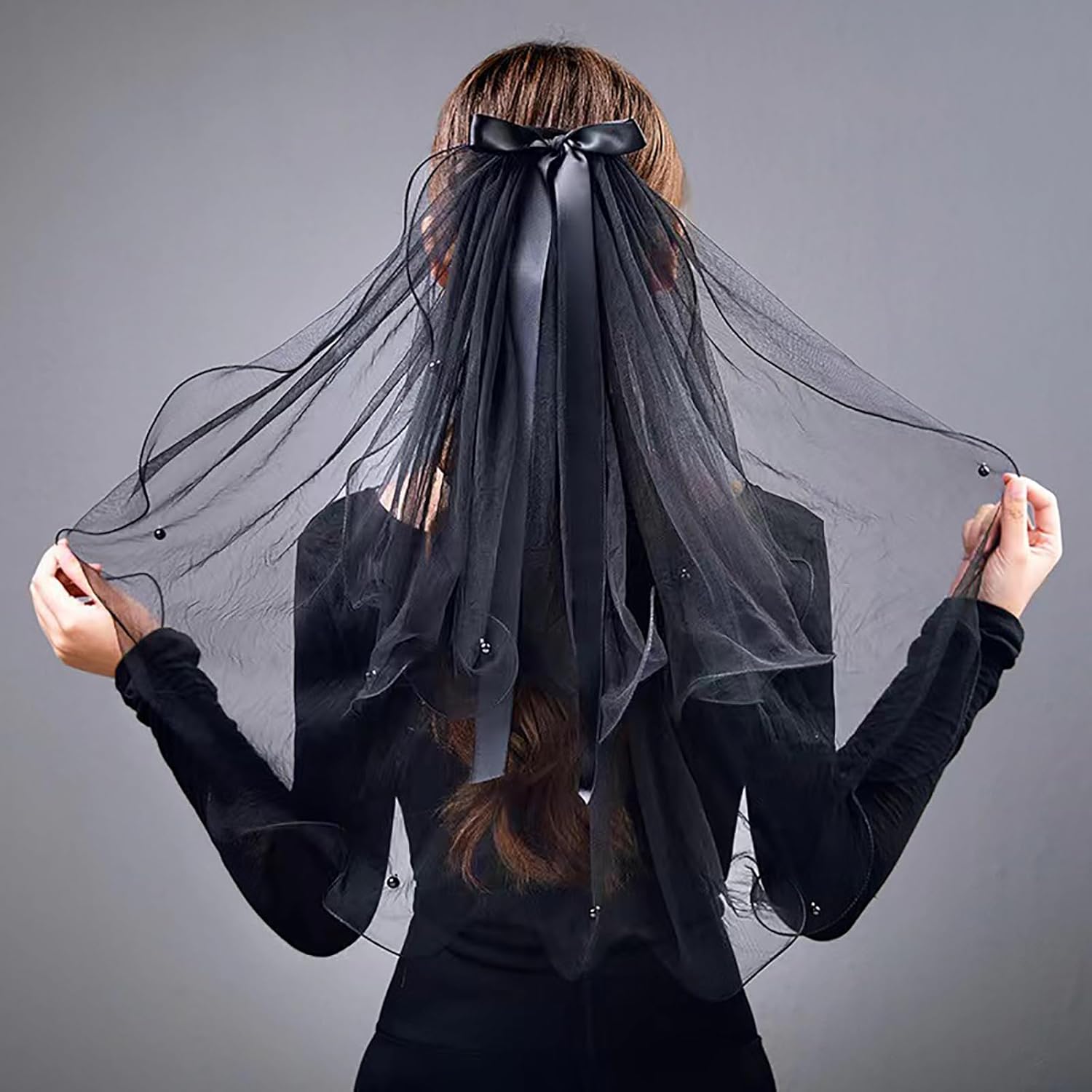 Black Veil Bow Pearls with Comb Women Bridal Bridesmaid Wedding Elegant Engagement Halloween Party Supplies Hair Accessories - Image 4