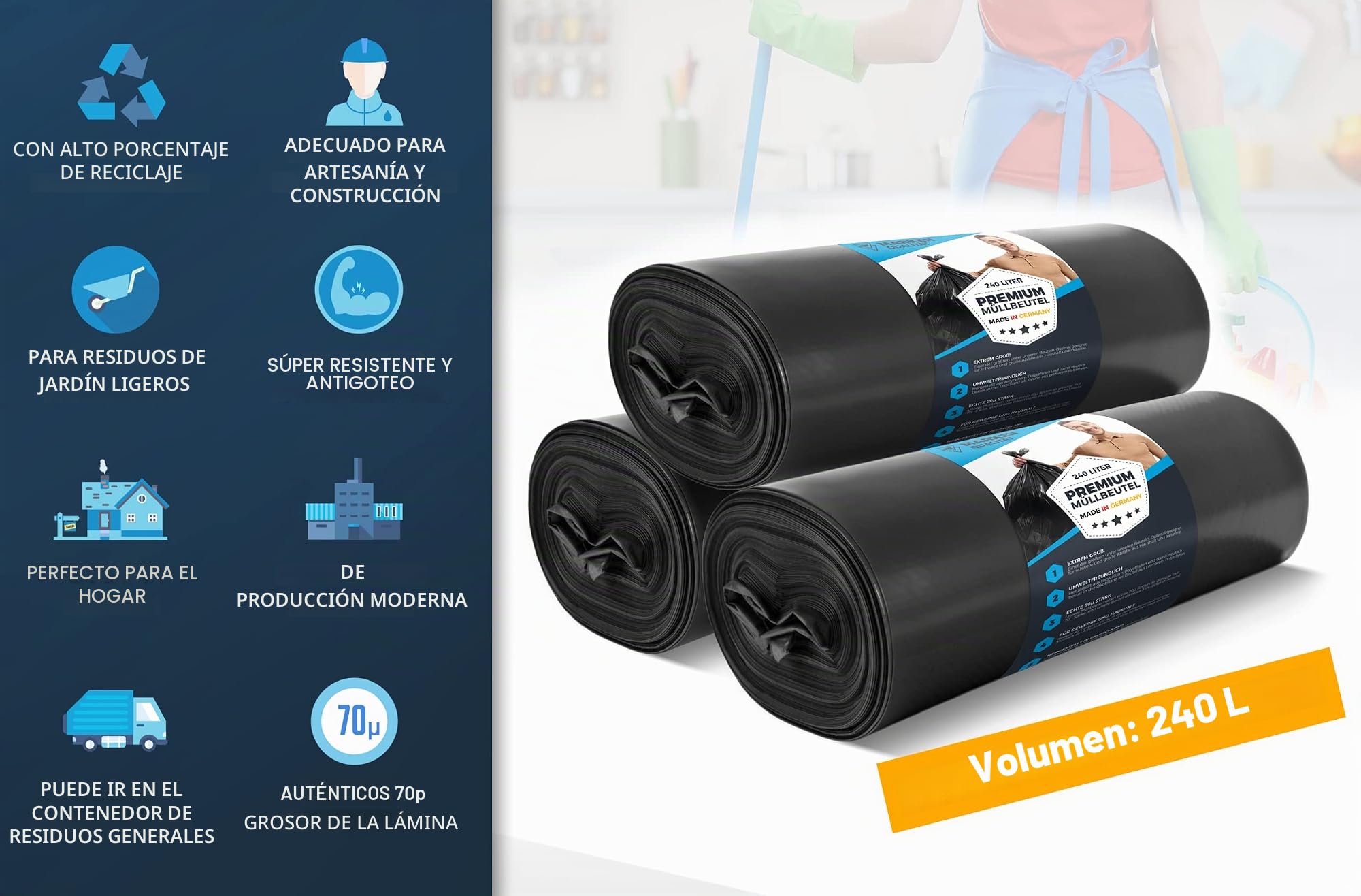 80 unidades EXTREM bolsas de basura 240 L resistentes, ocho rollos, 70 μ profesionales pesadas XL negro para camping, hogar e industria, fuertes bolsas de LDPE 100 cm x 125 cm