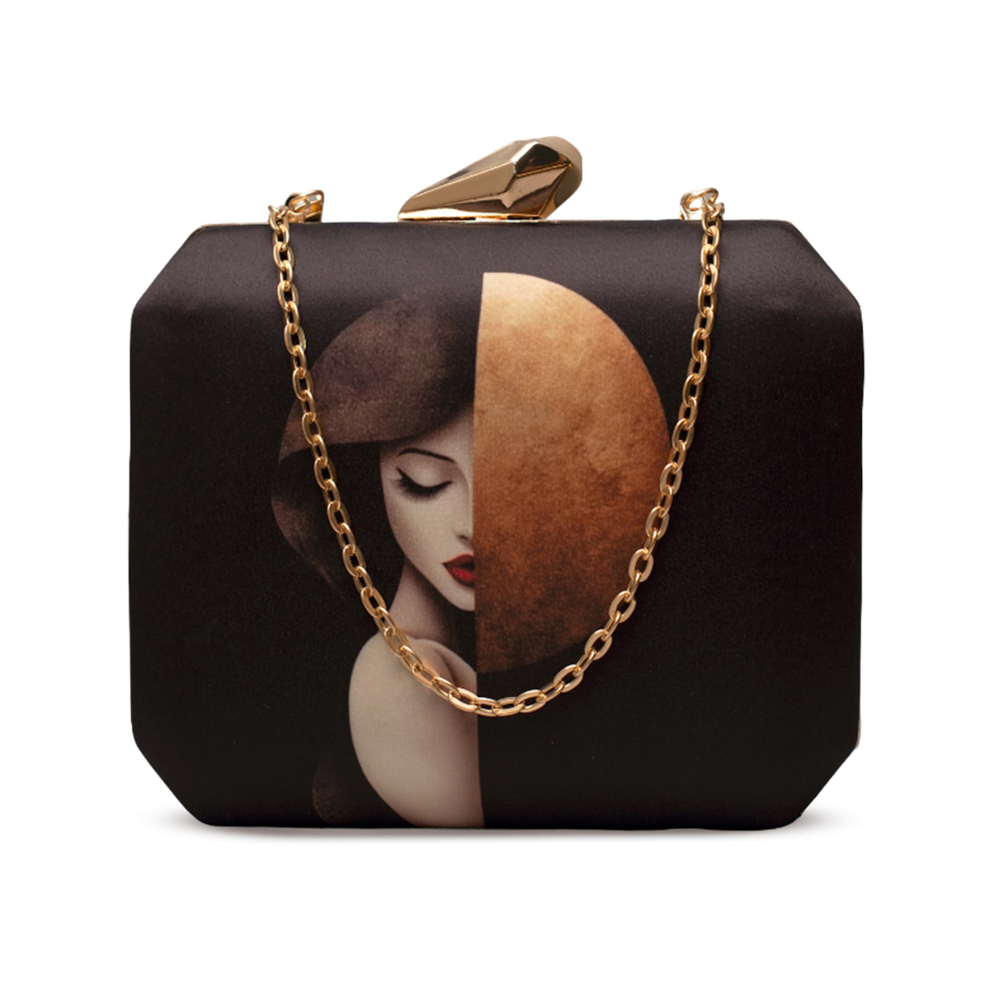 Floral Modern Art Printed Clutch Bag for Women with Golden Detachable Strap-image-15