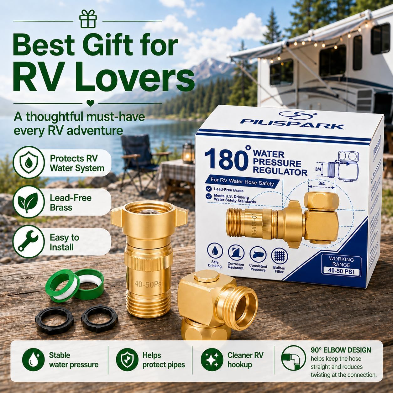 2-Piece Brass RV Water Pressure Regulator Set with 90-Degree Hose Elbow