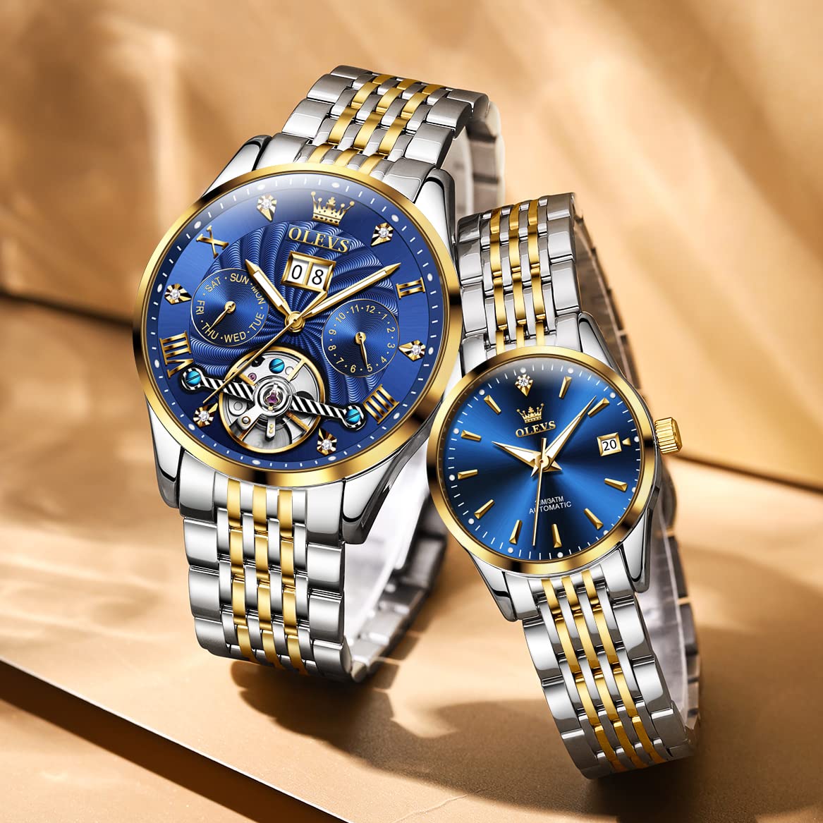 OLEVS Damen-Armbanduhr, Edelstahl, wasserdicht, Diamanten, kleines Zifferblatt, Quarz, analog, modisch, goldfarbenes Zifferblatt, Damen-Armbanduhr