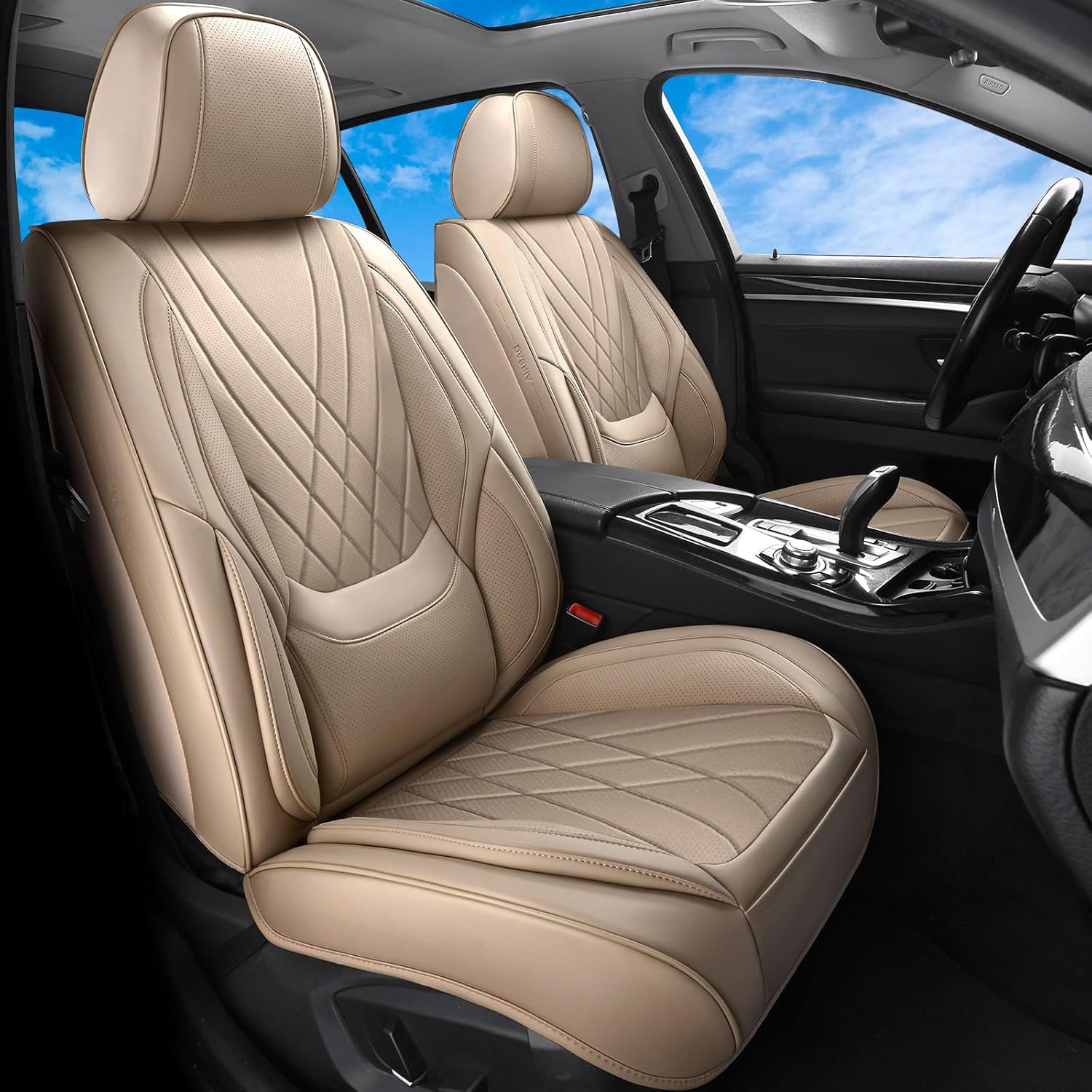 Black White Car Seat Covers Full Set, Luxury Faux Leather Car Seat Covers, Waterproof Non-Slip Seat Protector Universal Fit for Most Cars SUVs Trucks Pick-ups