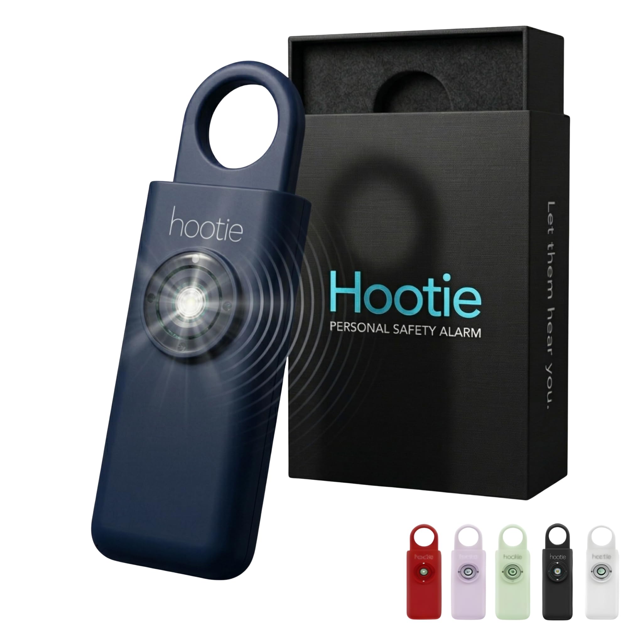 Hootie Personal Keychain Alarm - Hand Held Safety Siren for Self Defense and Emergency, Loud Pocket and Key-Chain-Safe Sound Device with Panic Strobe Light, Navy