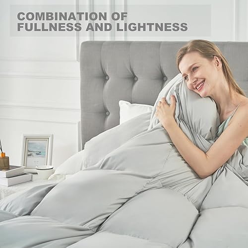 Miniatura 9 de KUSNUG Edredón de plumas de ganso tamaño King, relleno de edredón esponjoso gris para todas las estaciones, funda de edredón 100% algodón egipcio,