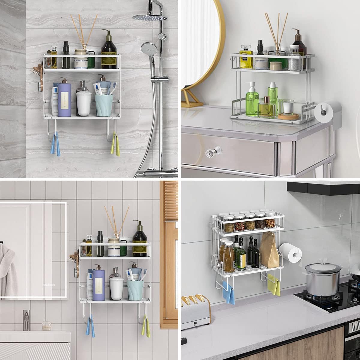 FLOLXNB Over The Toilet Storage Shelf, 2-Tier Bathroom Storage Organizer Upgrade Punch-Free Toliet Storage Shelf, Home Storage Rack with Hooks Shelf,White