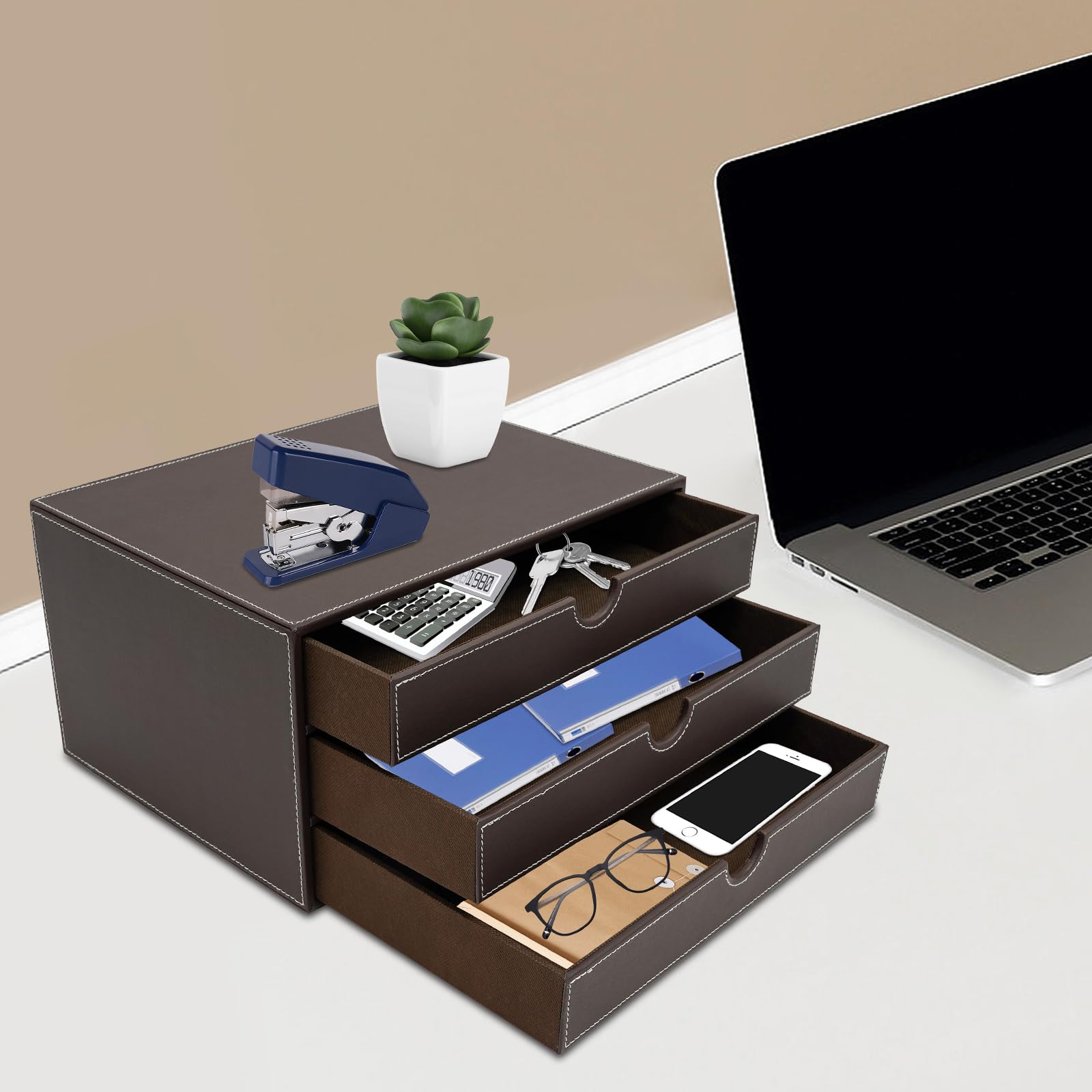 Bandeja para archivos de 3 niveles de piel sintética con cajones, elegante organizador de oficina en café, alta capacidad de carga 20 kg, para documentos y carpetas en la oficina en casa y oficina, 33