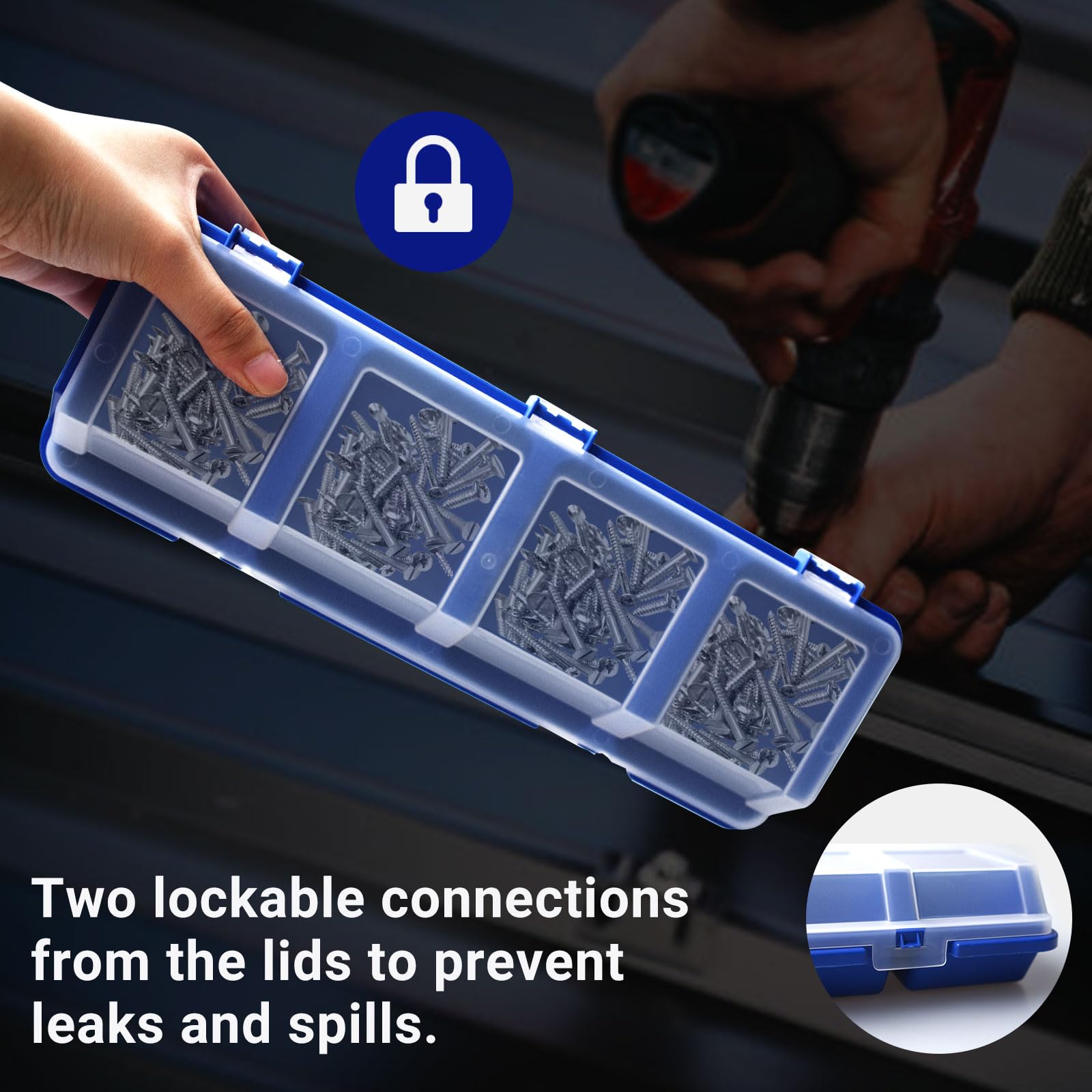 Confezione da 12 scatole organizer a vite con coperchio, 4 scomparti divisori, contenitori per attrezzi, scatola organizer blu per viti di ordinamento per garage, piccole parti di attrezzi, forniture