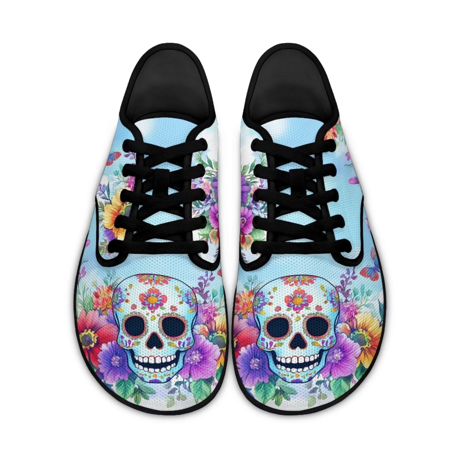 Binienty Womens Wide Toe Box Sneakers Sugar Skull Print Zero Drop Shoes Art Painted Lace up Kint Tennis SHOS Breathable Lightweight Athletic Hiking Water Shoes Quick Dry