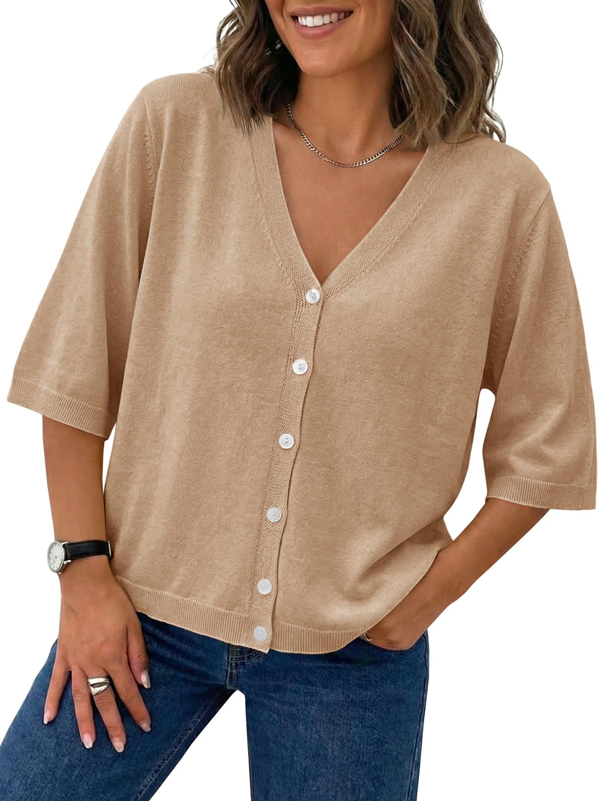 Womens Half Short Sleeve Cardigans Summer Lightweight Knit V Neck Button Down Casual Sweater Tops-image-10