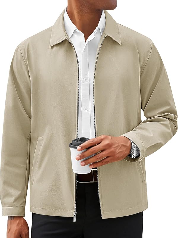 Mens Lightweight Jackets Casual Full Zip Windbreaker Golf Jacket | Breathable Fabric, Zipper, Business Work Style, Spring & Fall Outwear with Pockets, Daily Outdoor