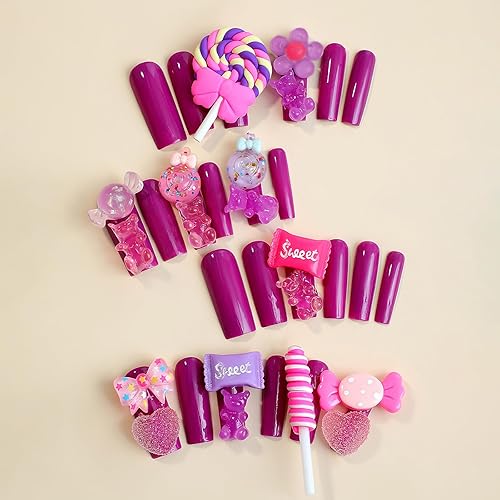 Miniatura 3 de Uñas postizas a presión Kawaii moradas, uñas postizas largas cuadradas, lindas uñas postizas a presión con flores de caramelo, diseño de oso, uñas