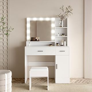 Vanity Table with Lighted Mirror and Stool