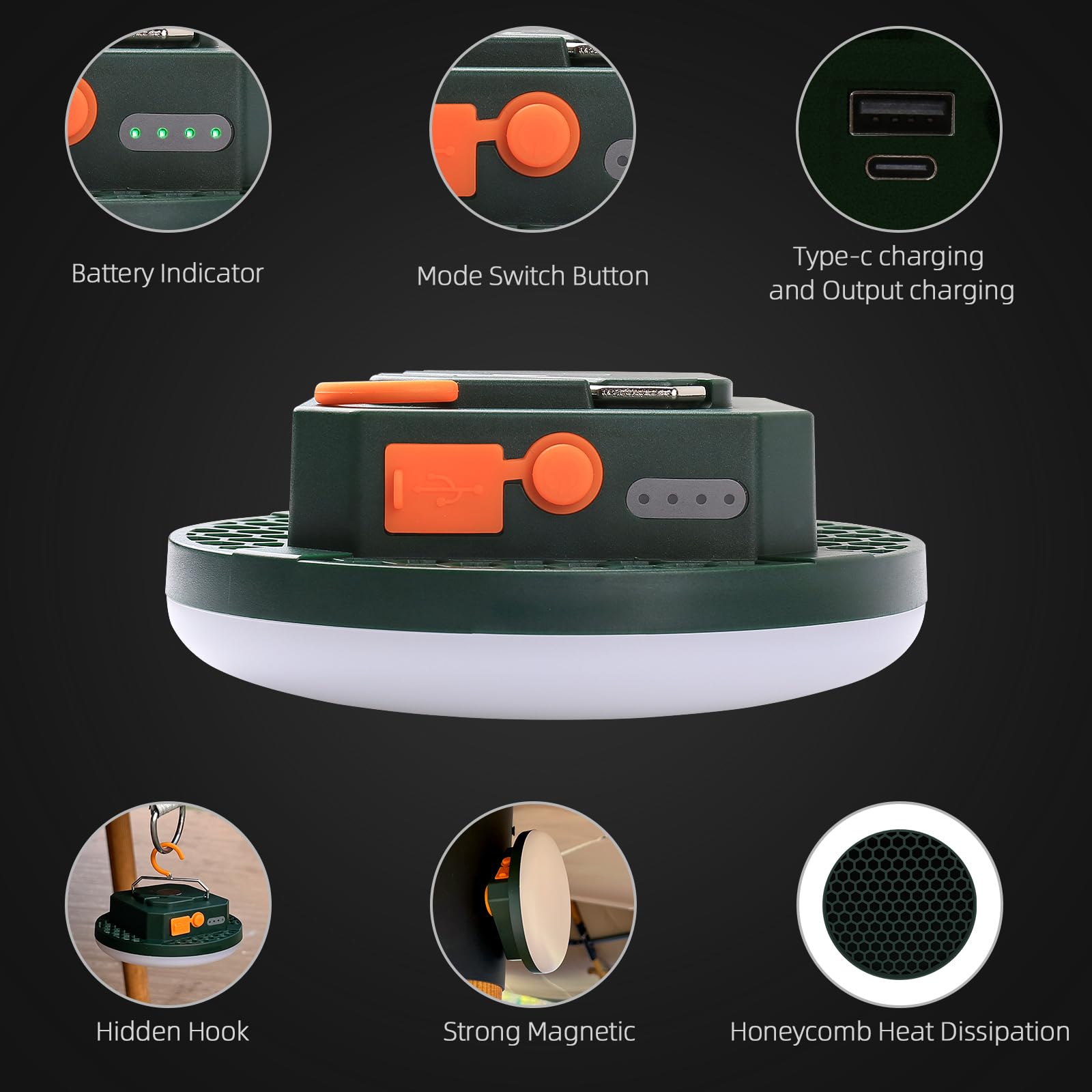Linterna LED de camping ultra brillante de 4000 lm, recargable bidireccional USB-C, atenuación continua, 3 modos de color, gancho magnético y base plana, IPX5 impermeable, glamping, senderismo, cortes